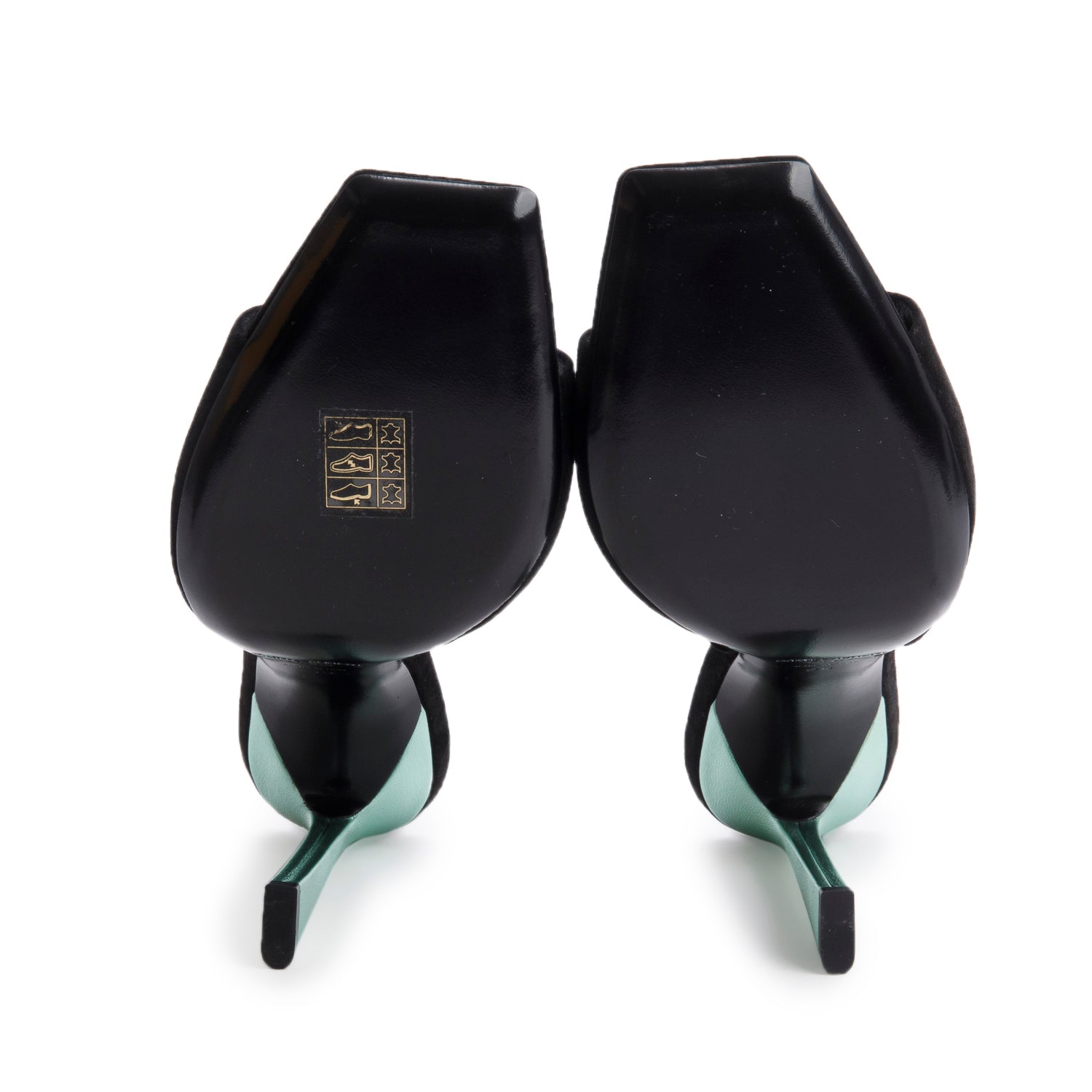 Saint Laurent Black Suede Green Leather Paz 105 Ankle Strap Heeled Sandals, Size 39 w/ Box