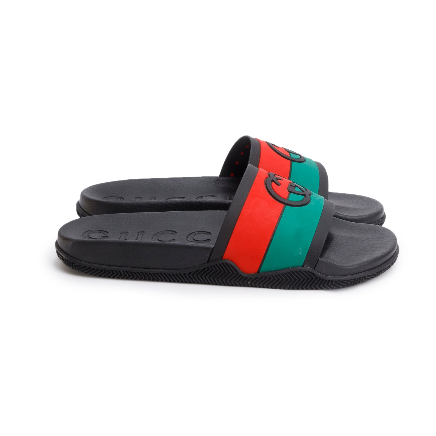 Gucci Black Green & Red Web Rubber Interlocking G Logo Slides, Men's Size 11 w/ Box