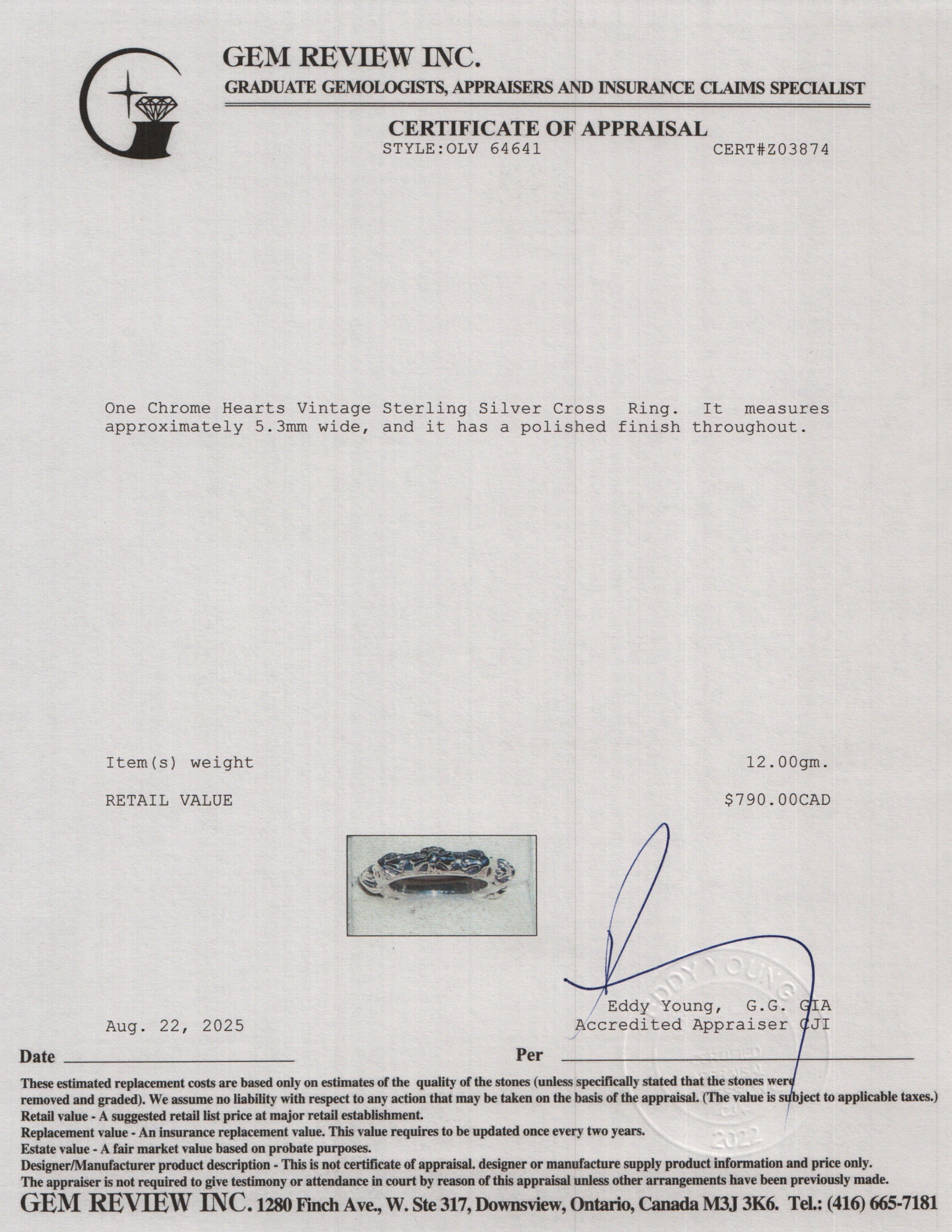 Chrome Hearts Vintage Sterling Silver Cross Ring, Size 7.25