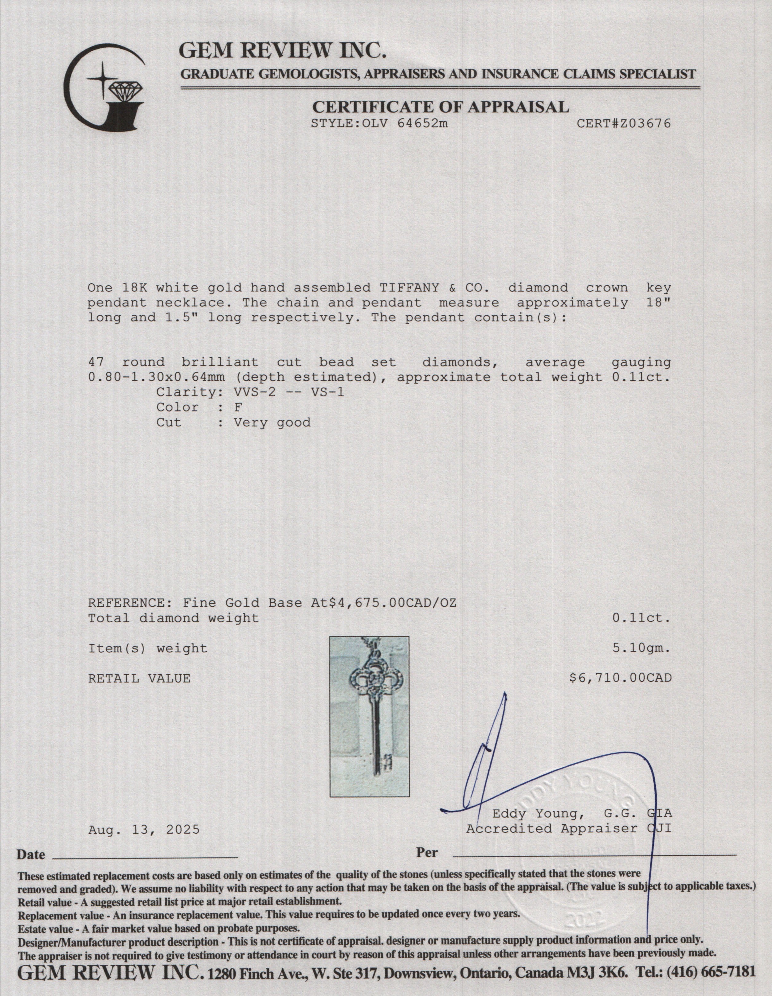 Tiffany & Co. 18k White Gold Diamond 1.5" Crown Key Pendant Necklace w/ Box