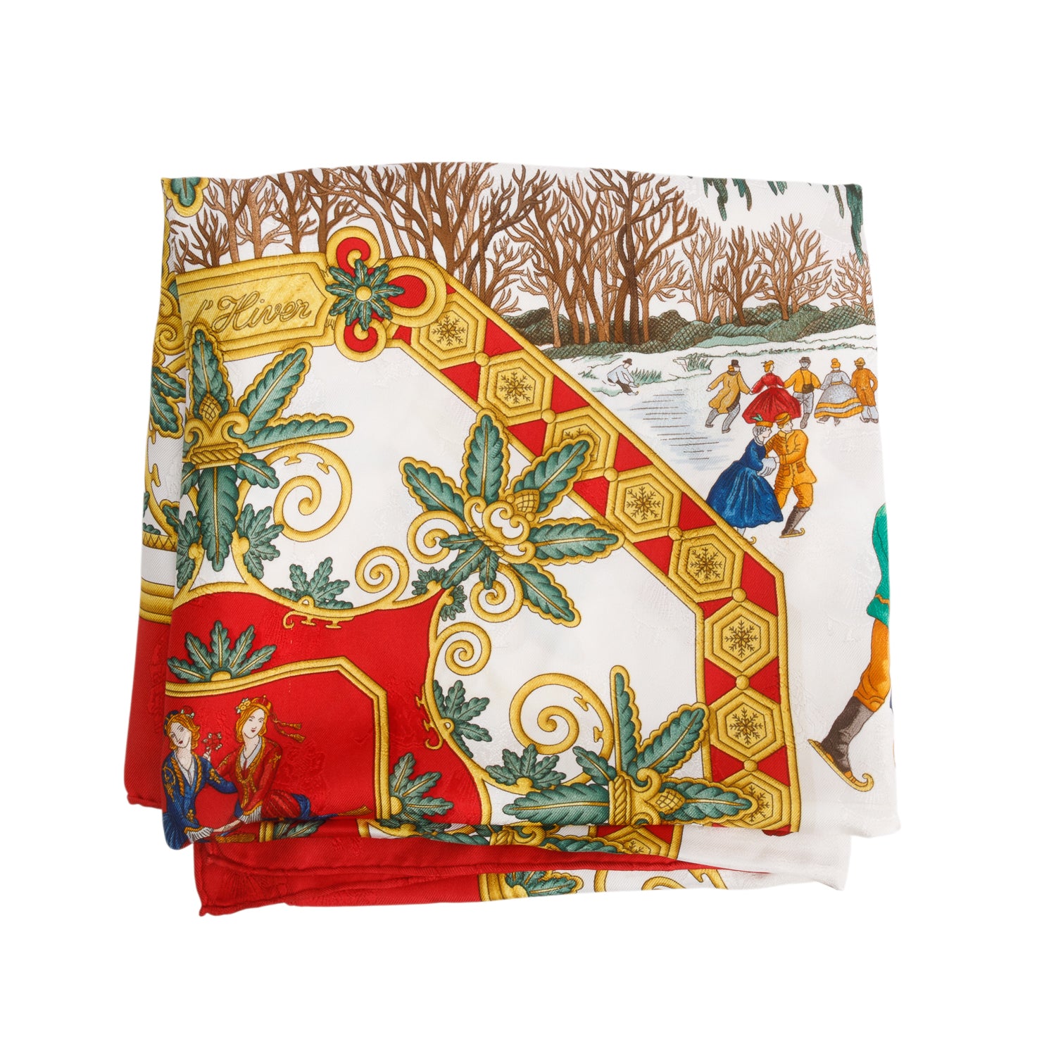 Hermes Red/Multicolor 'Joies d' Hiver' Silk Scarf 90