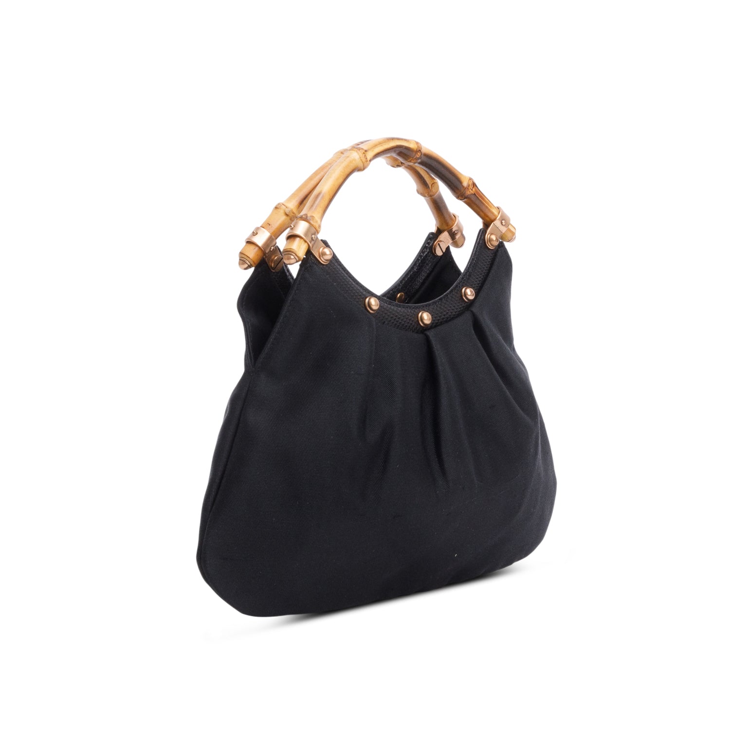 Gucci Black Canvas Studded Small Anita Bamboo Handle Hobo Bag