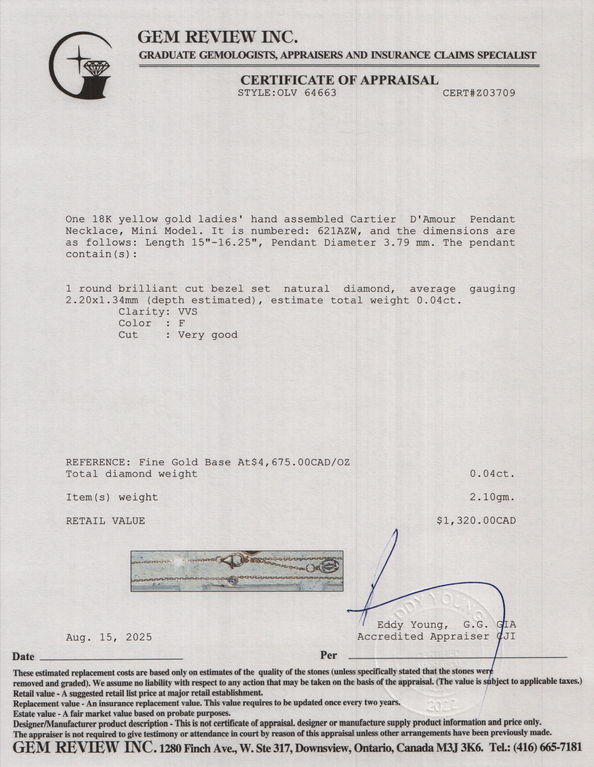 Cartier 2025 18k Yellow Gold Diamond D'Amour Pendant Necklace, Mini Model w/ Box, Receipt & Certificate