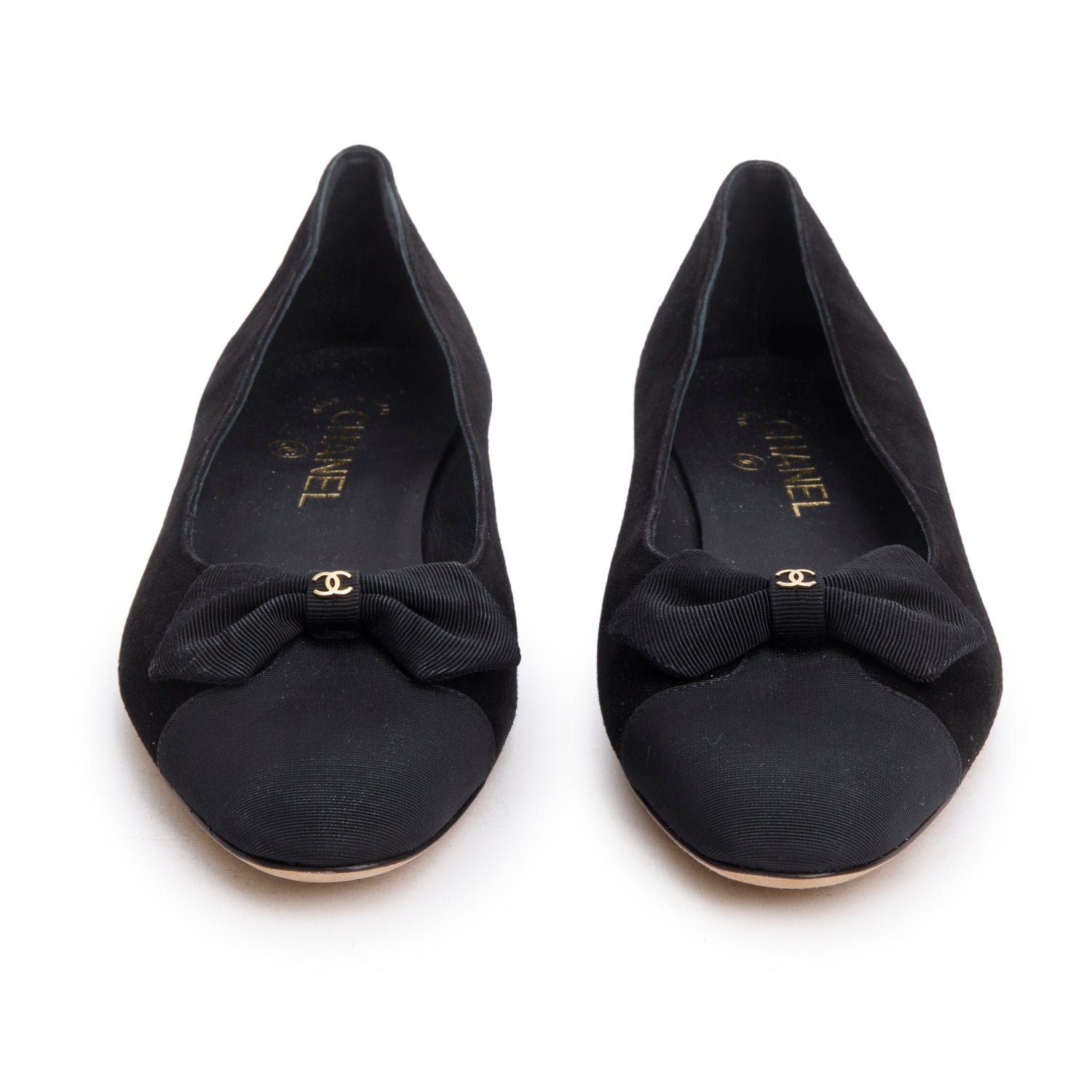 Chanel Black Suede/Grosgrain Interlocking CC Bow Flats, Size 40