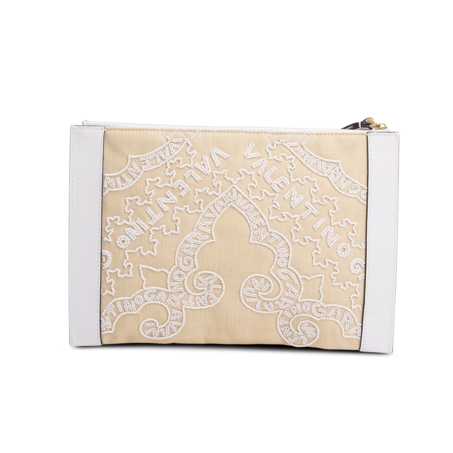 Valentino White Leather Neutral Canvas Embroidered VLogo Signature Pouch