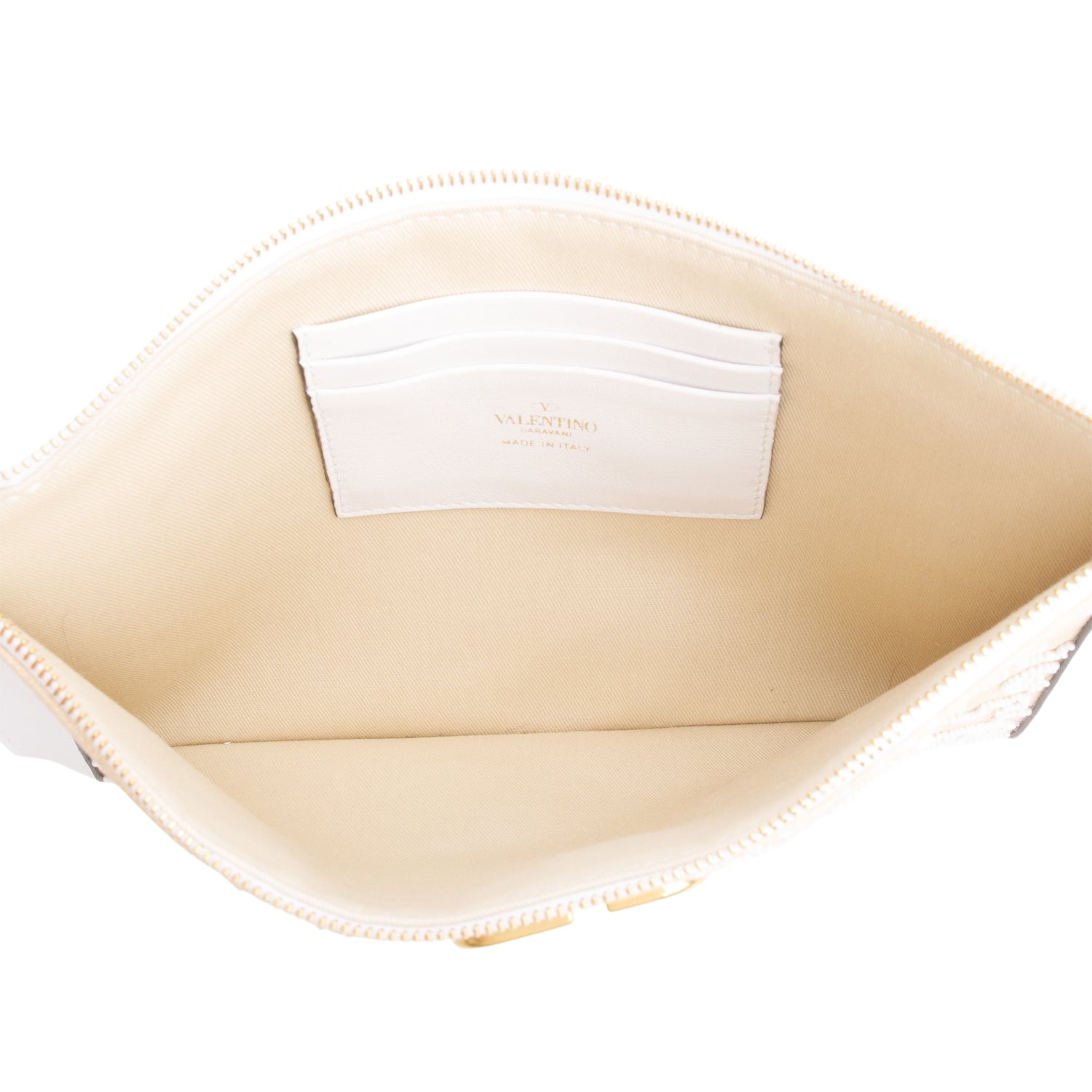 Valentino White Leather Neutral Canvas Embroidered VLogo Signature Pouch