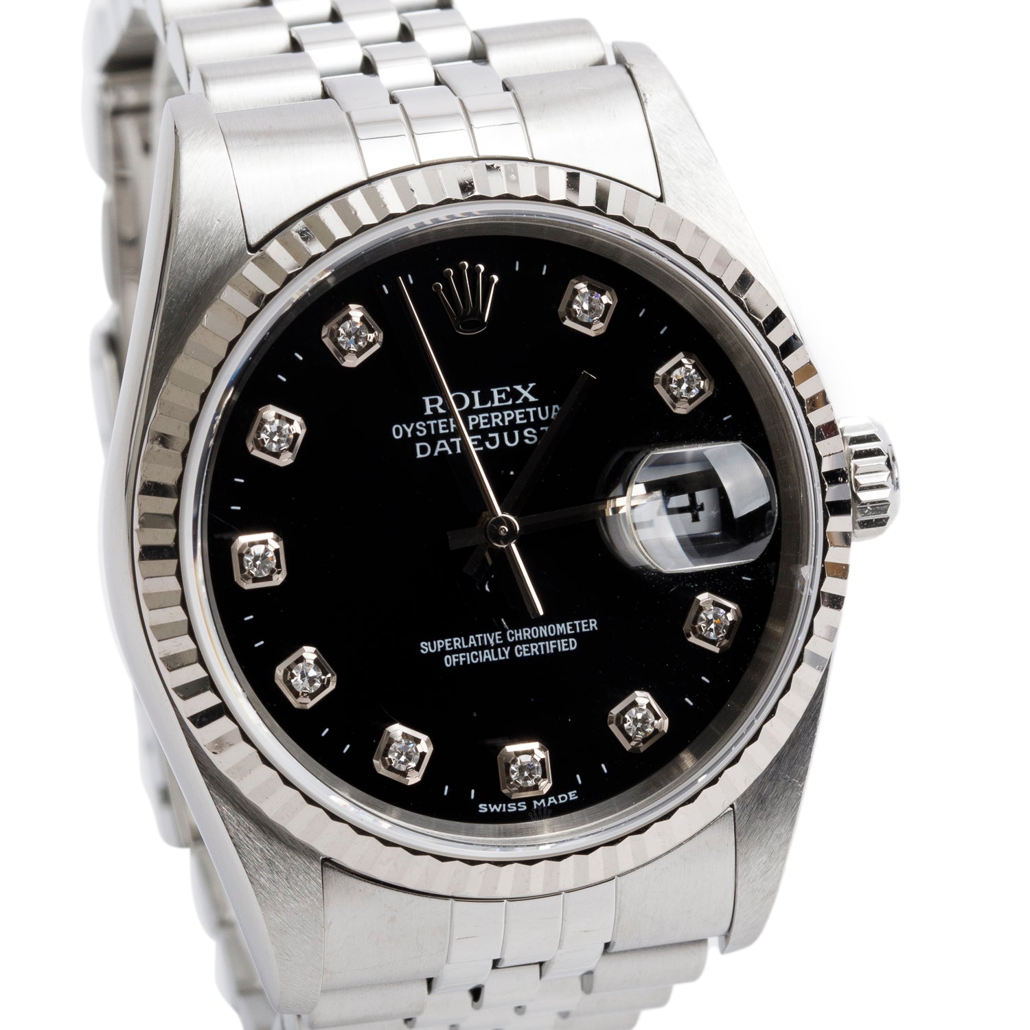 Rolex Stainless Steel Oyster Perpetual Datejust 36 MM Black Diamond Dial Watch 16234