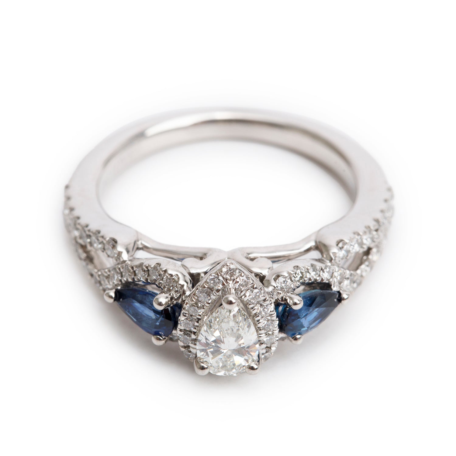 Vera Wang 14k White Gold Love Pear Shaped Diamond & Blue Sapphire Engagement Ring, Size 6.25