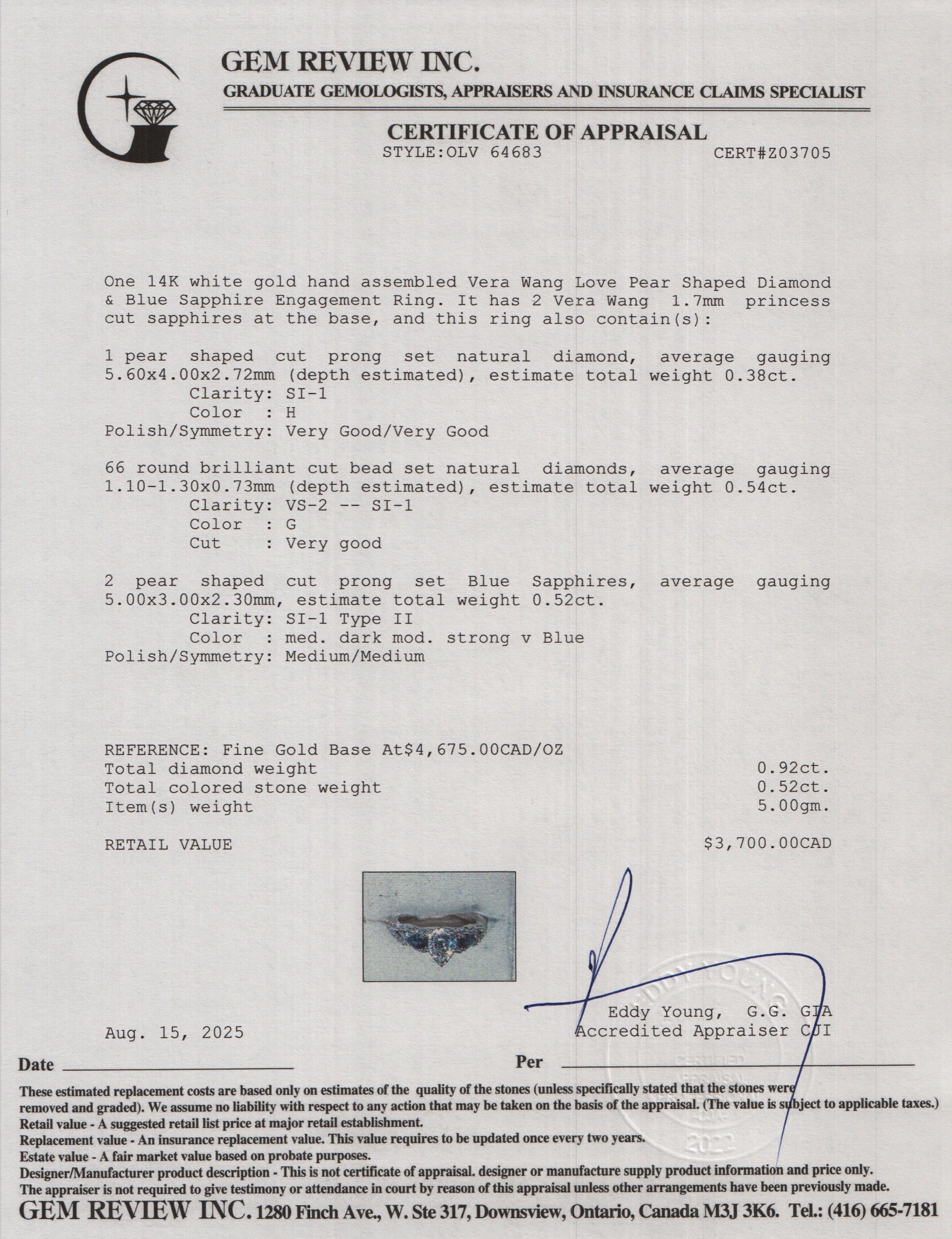 Vera Wang 14k White Gold Love Pear Shaped Diamond & Blue Sapphire Engagement Ring, Size 6.25