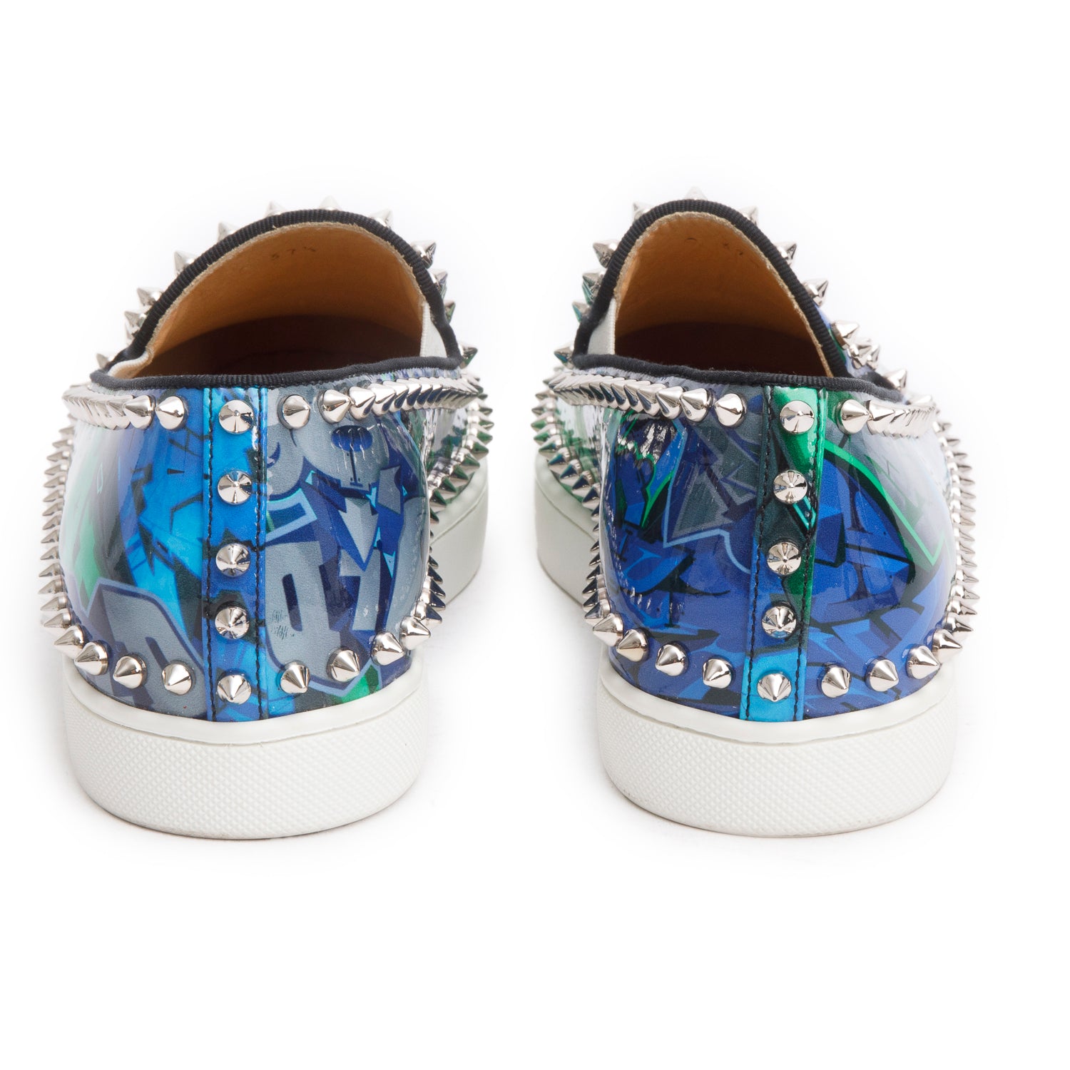 Christian Louboutin Green Patent Leather Print Studded Pik Boat Sneakers, Size 37.5