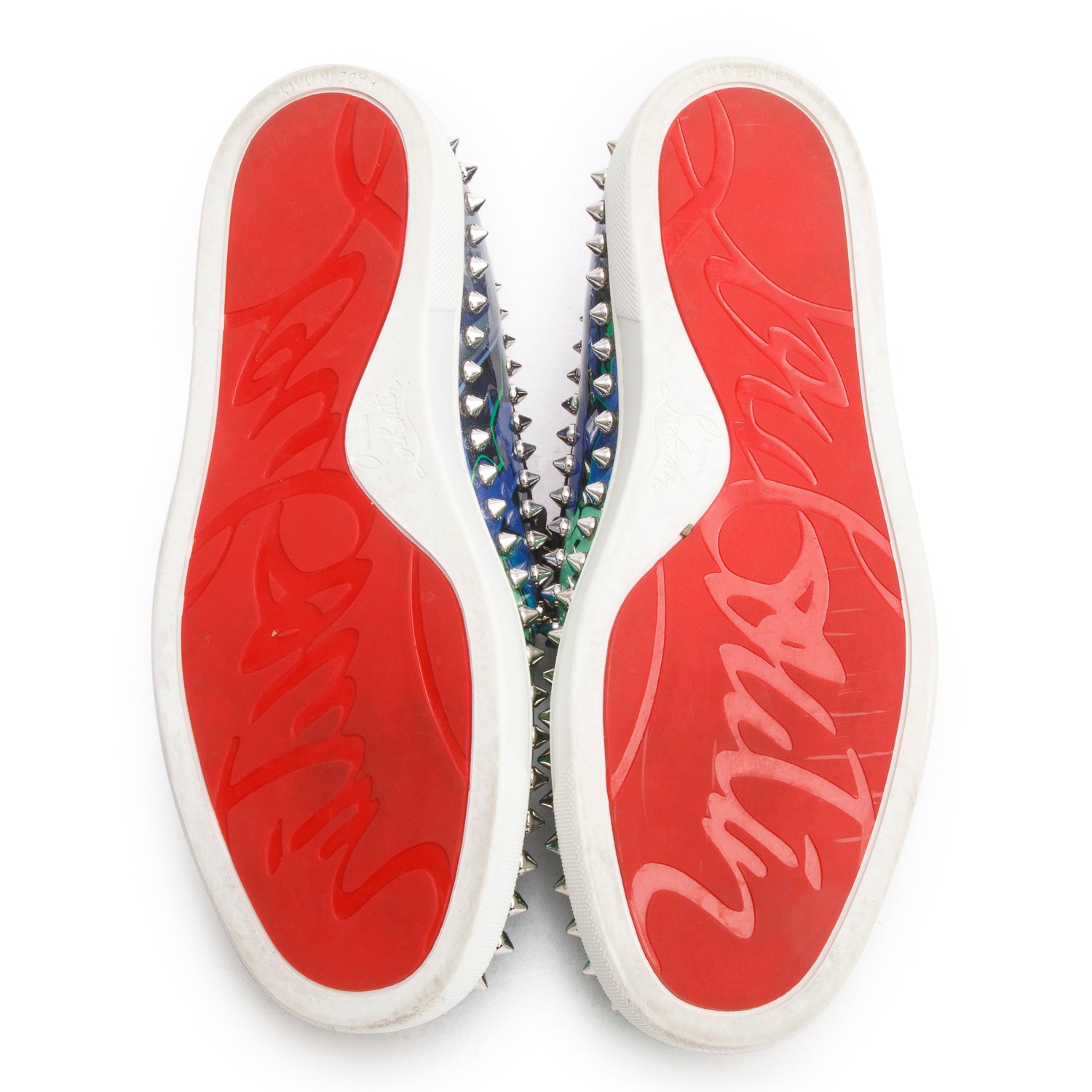 Christian Louboutin Green Patent Leather Print Studded Pik Boat Sneakers, Size 37.5