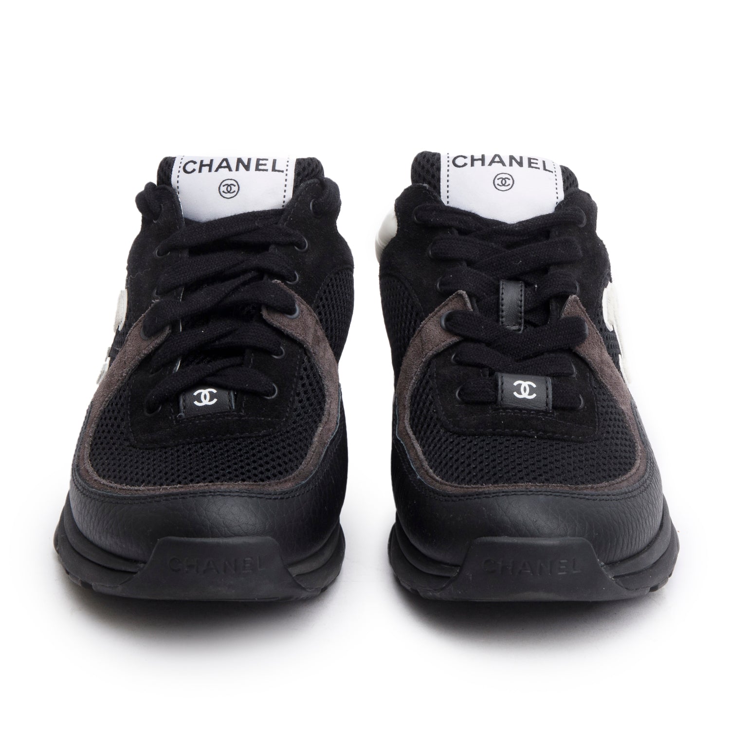 Chanel 2024 Black Calfskin Mesh Suede CC Logo Sneakers, Size 38 w/ Receipt
