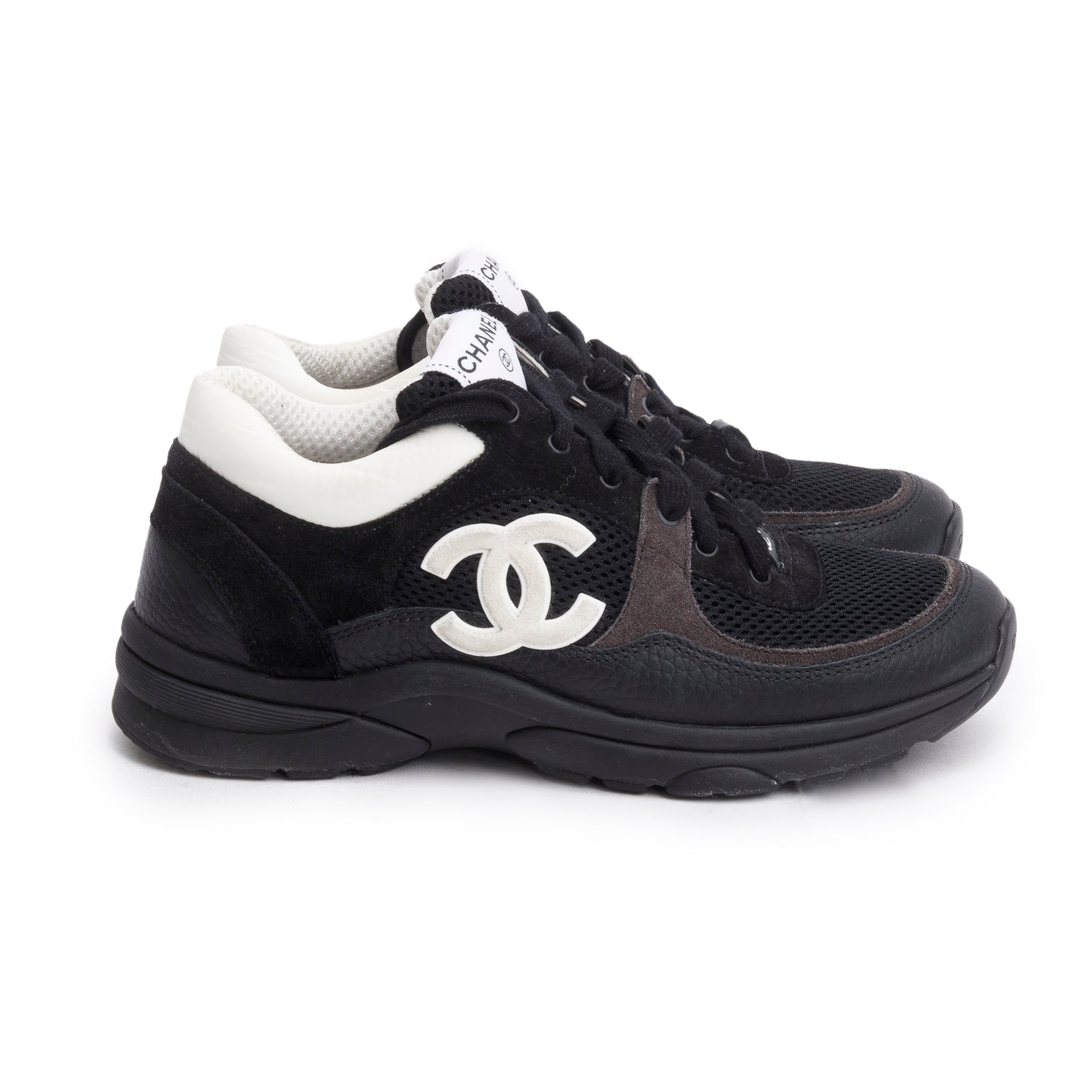 Chanel 2024 Black Calfskin Mesh Suede CC Logo Sneakers, Size 38 w/ Receipt
