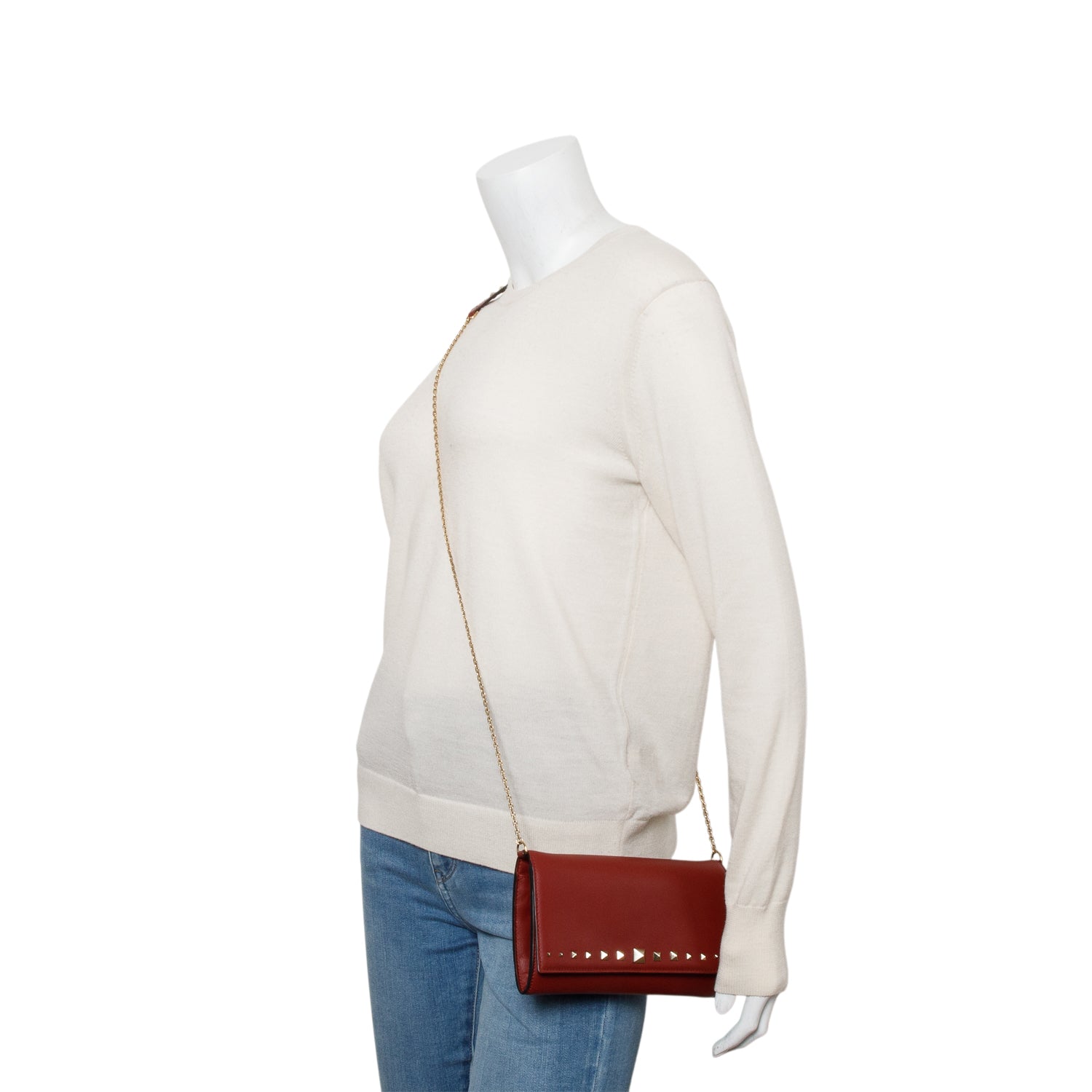 Valentino Bugundy Leather Rockstud Wallet On Chain