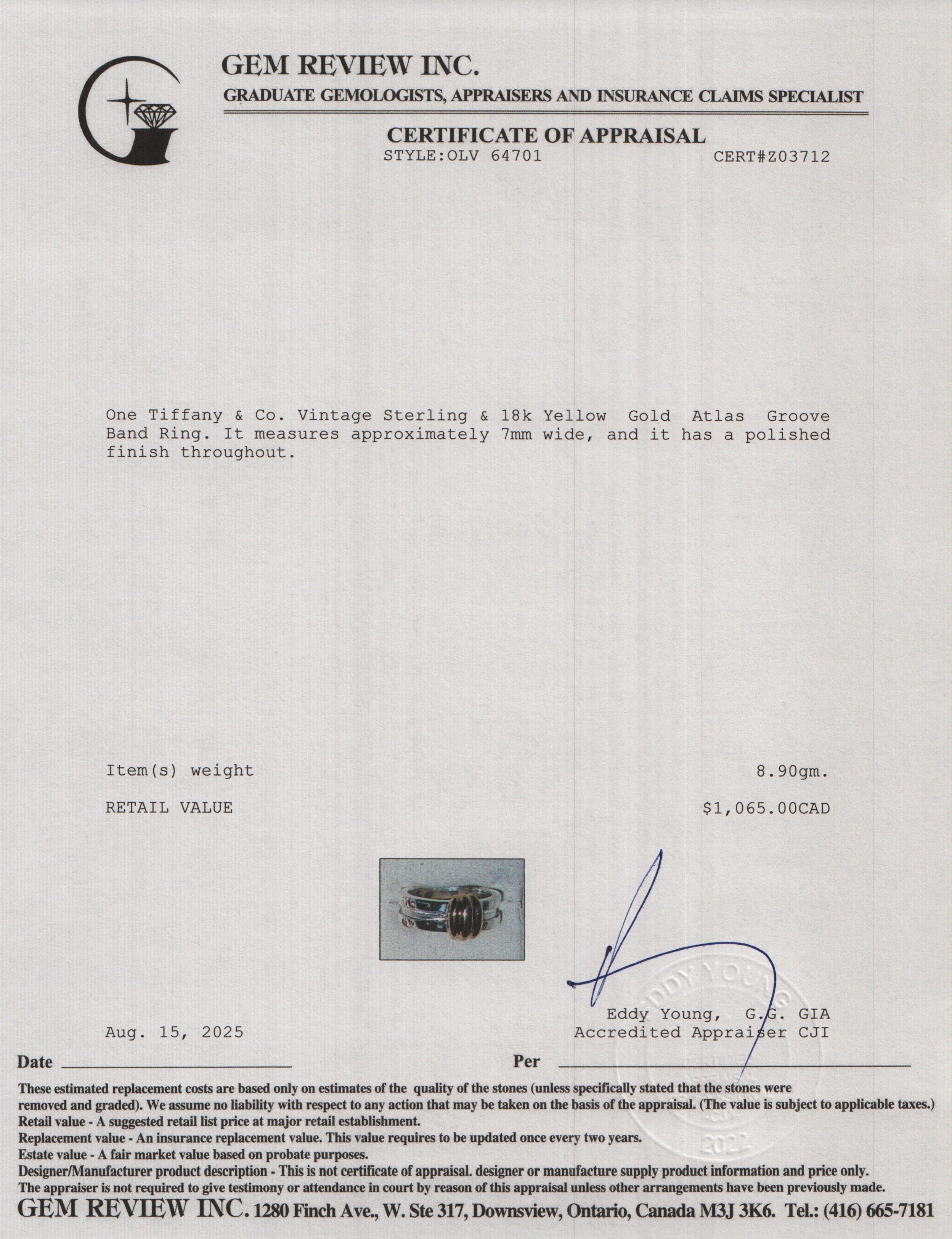 Tiffany & Co. Vintage Sterling & 18k Yellow Gold Atlas Groove Band Ring, Size 7