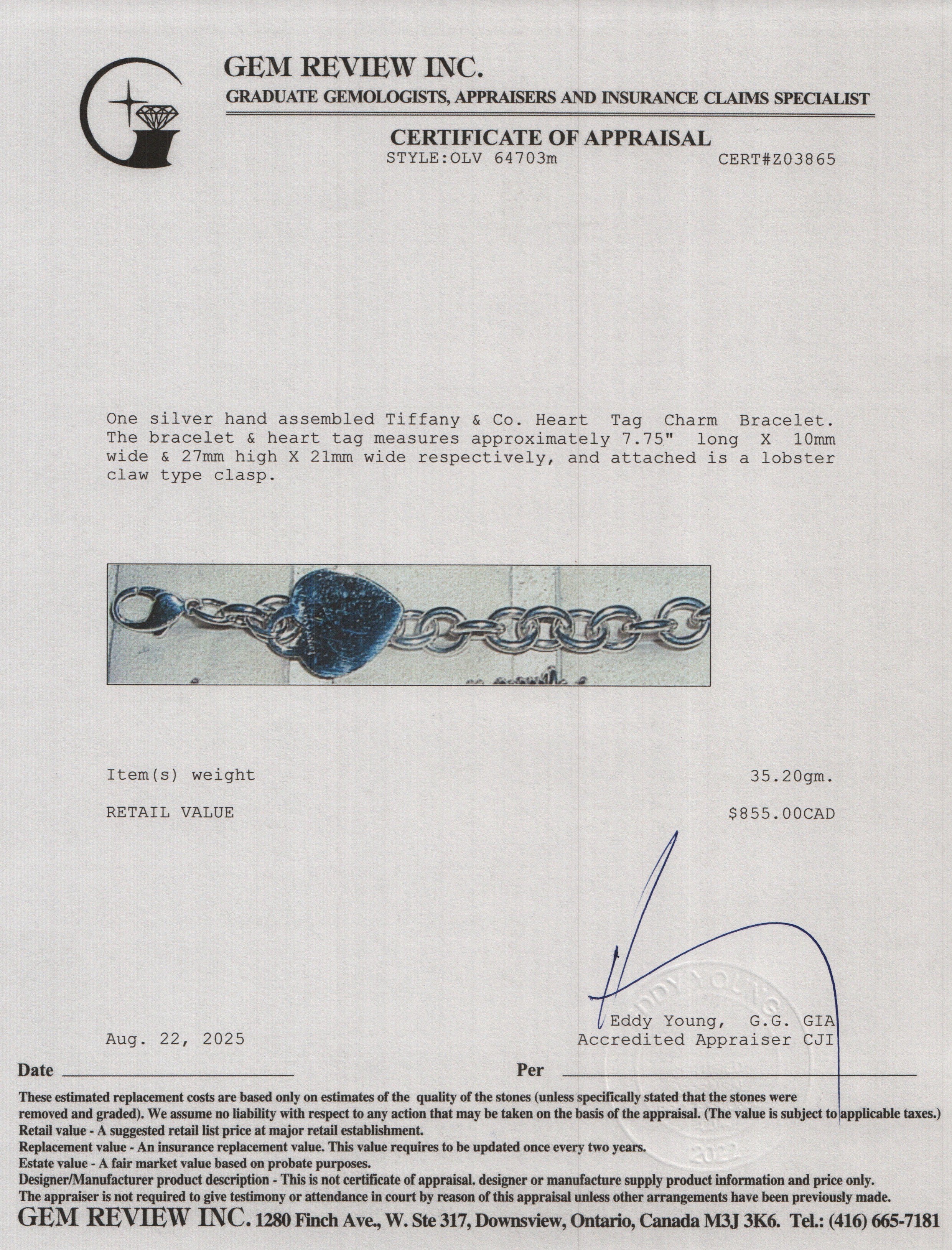 Tiffany & Co. Sterling Silver Heart Tag Charm Bracelet