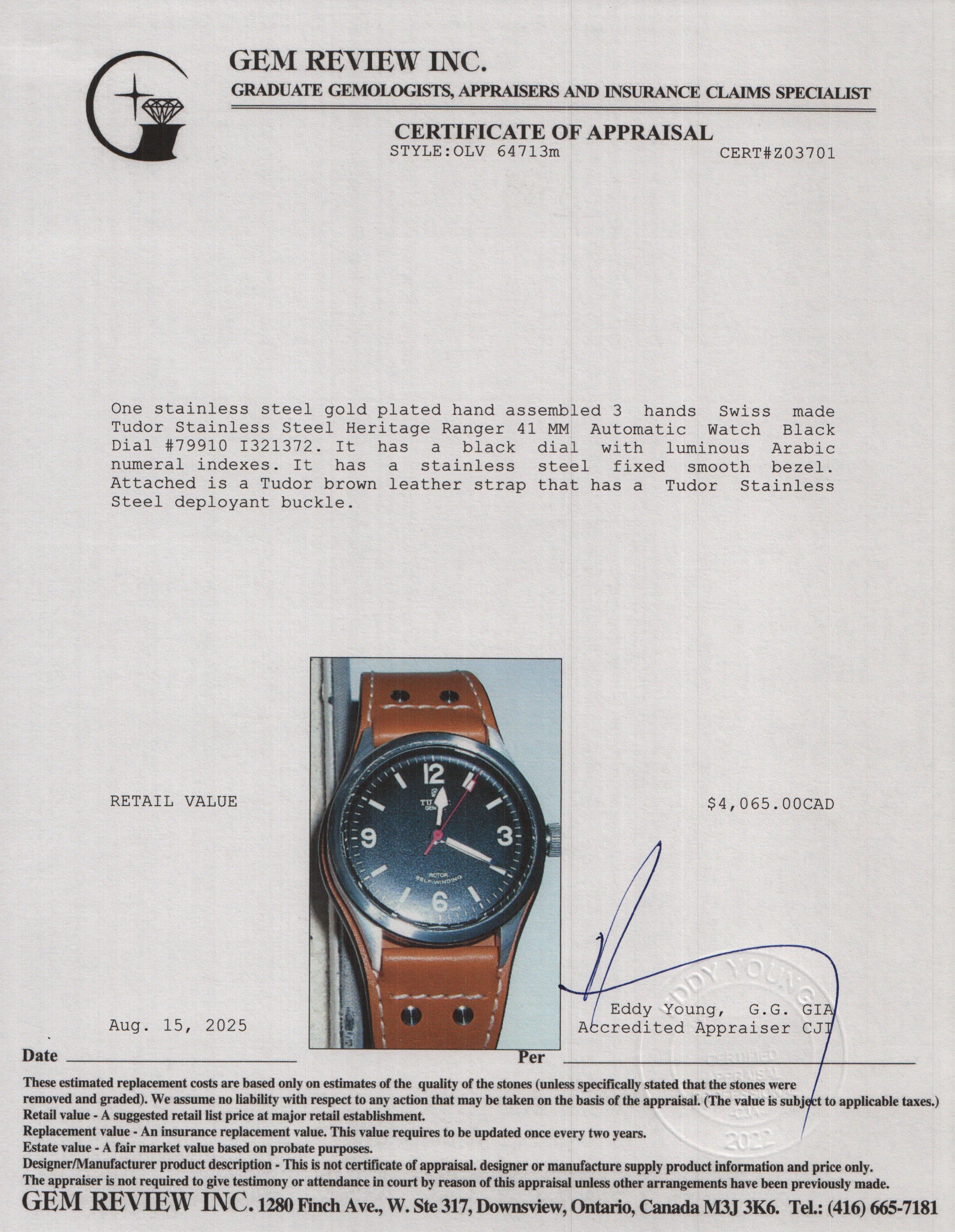 Tudor Stainless Steel Heritage Ranger 41 MM Automatic Watch Black Dial 79910 w/ Box & Receipt