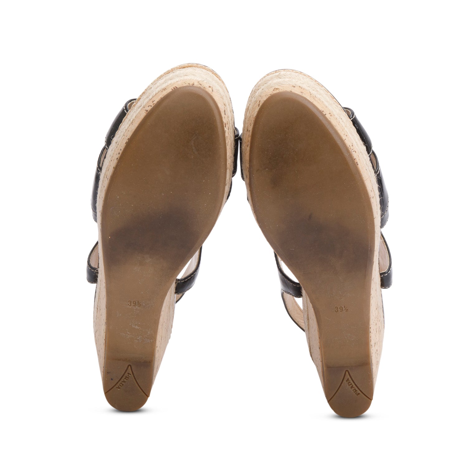 Prada Black Patent Leather Cork Sling Back Platform Wedge Sandals, Size 39.5