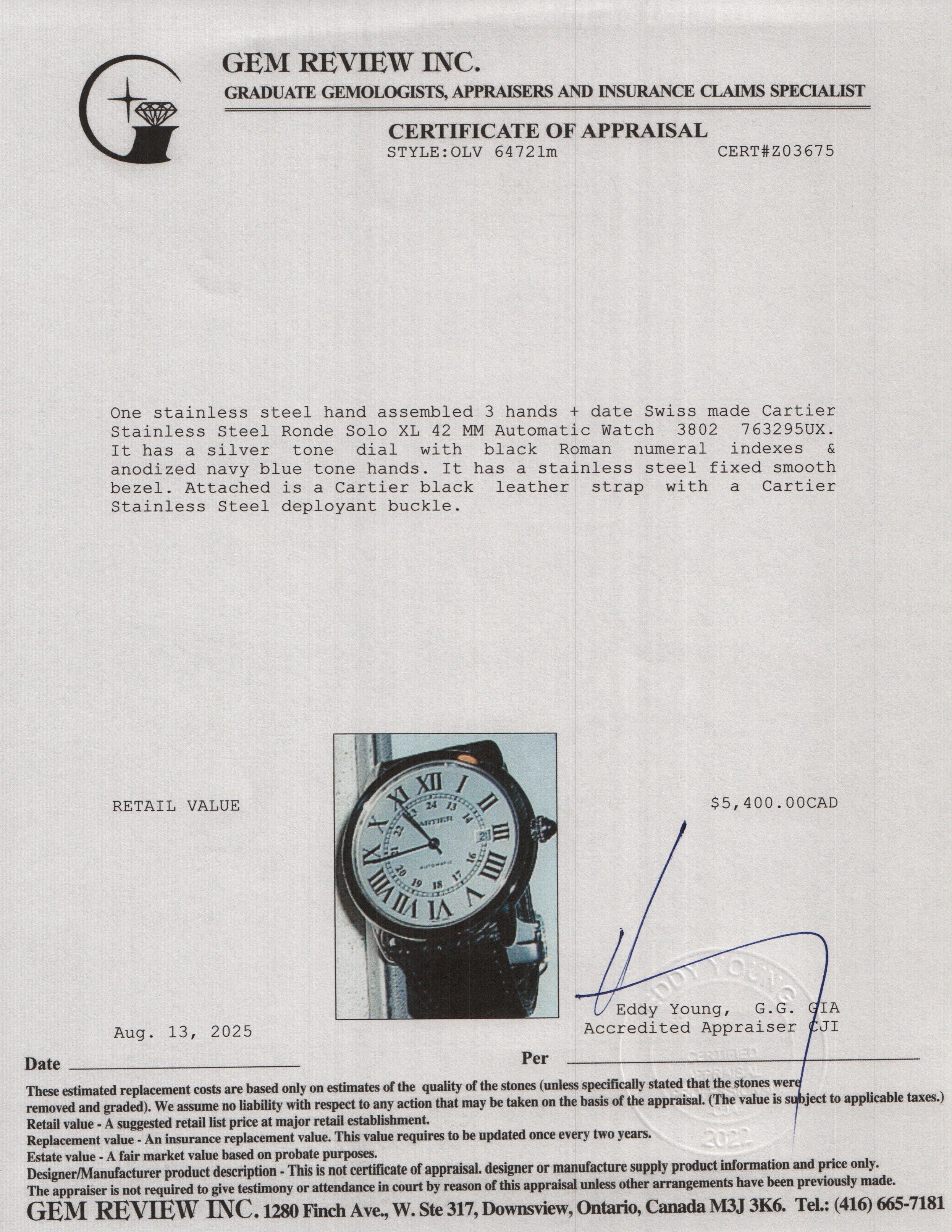 Cartier Stainless Steel Ronde Solo XL 42 MM Automatic Watch 3802