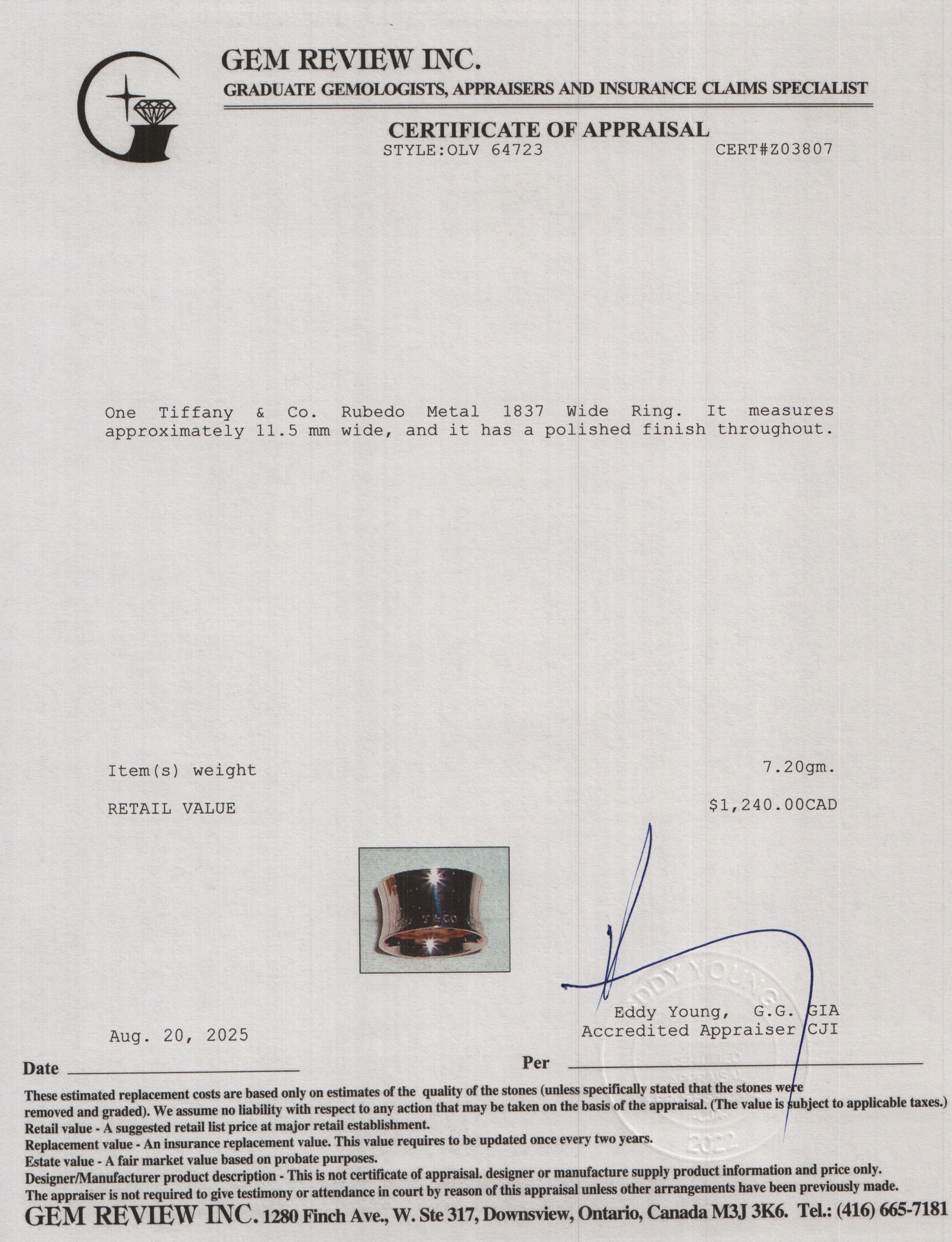 Tiffany & Co. Rubedo Metal 1837 Wide Ring, Size 6