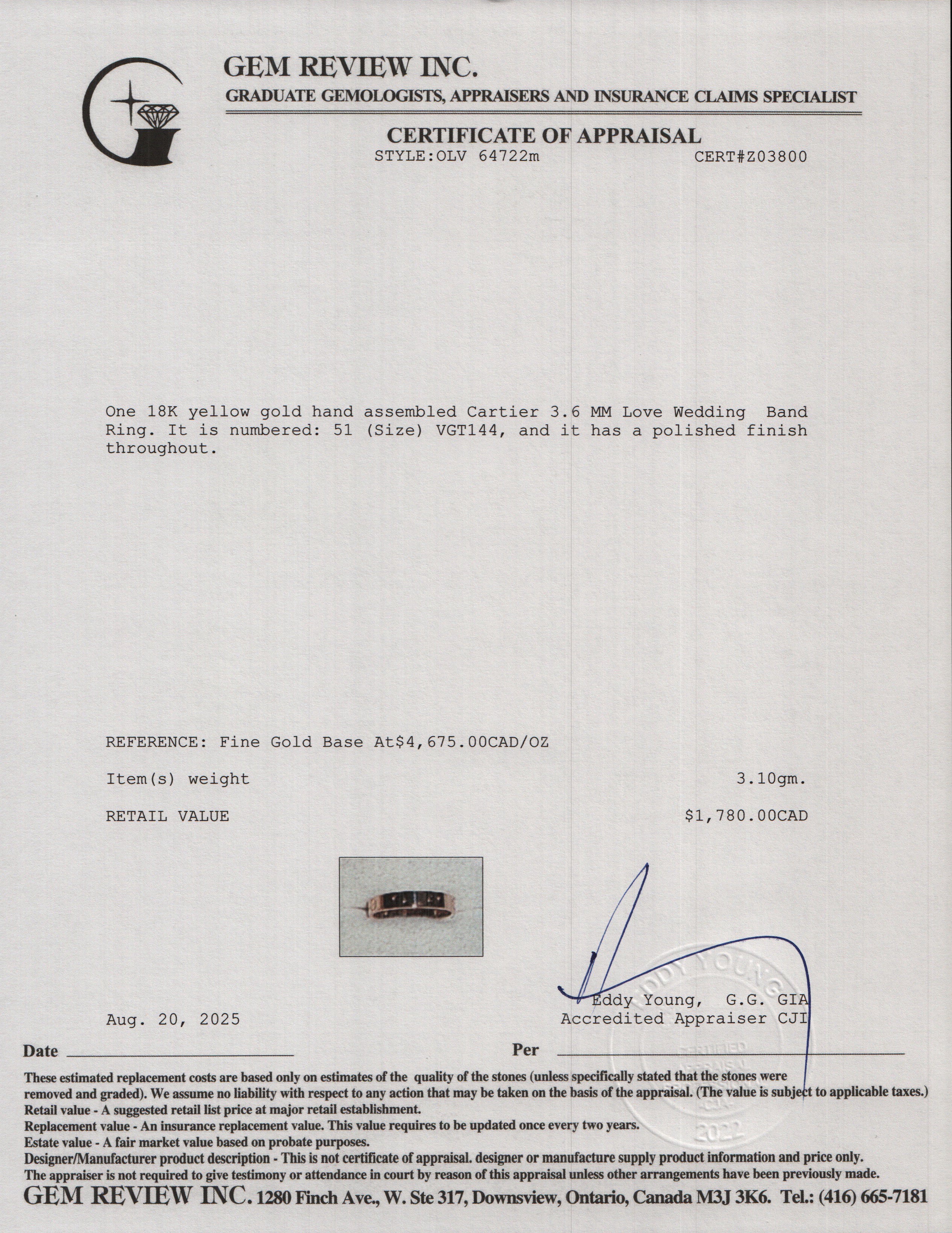 Cartier 2023 18k Yellow Gold 3.6 MM Love Wedding Band Ring, Size 51 5.75 w/ Box, Receipt & Certificate