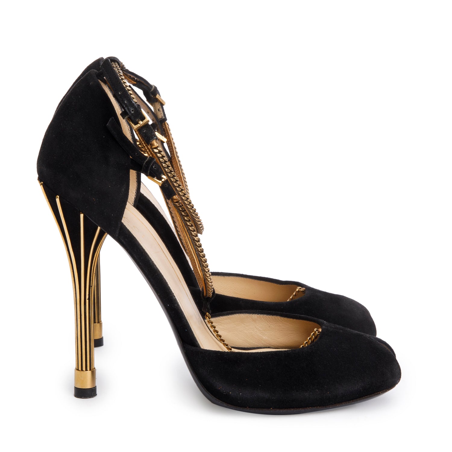 Gucci Black Suede Chain Accent Ophelie Ankle Wrap Pumps, Size 39