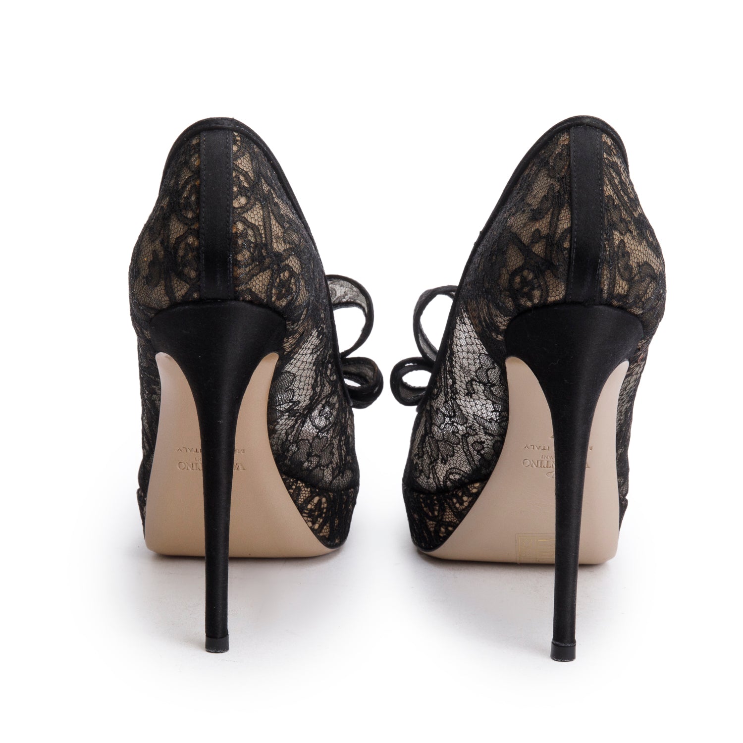 Valentino Black Lace Satin Couture Bow Peep-Toe Platform Pumps, Size 37