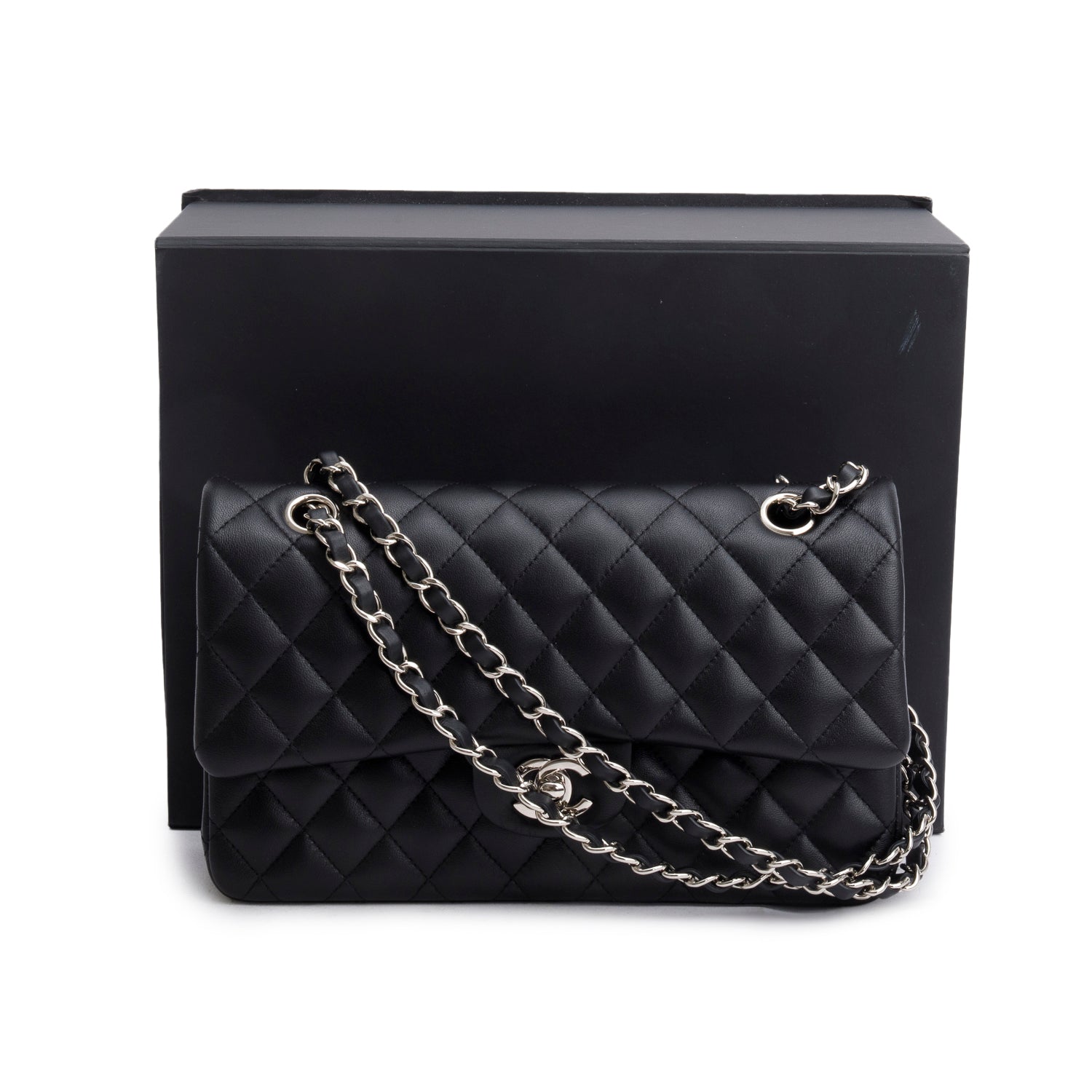 Chanel Black Quilted Lambskin Leather Classic Medium Double Flap Bag w/ Box