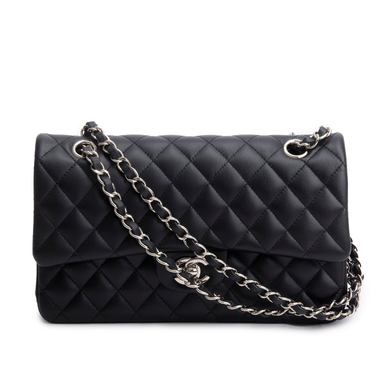 Chanel Black Quilted Lambskin Leather Classic Medium Double Flap Bag w/ Box