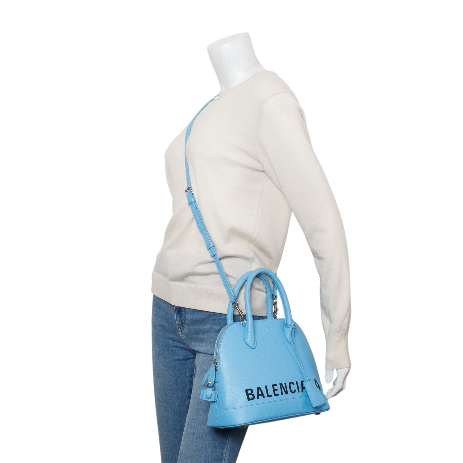 Balenciaga Blue Calfskin Logo S Ville Top Handle Bag w/ Strap