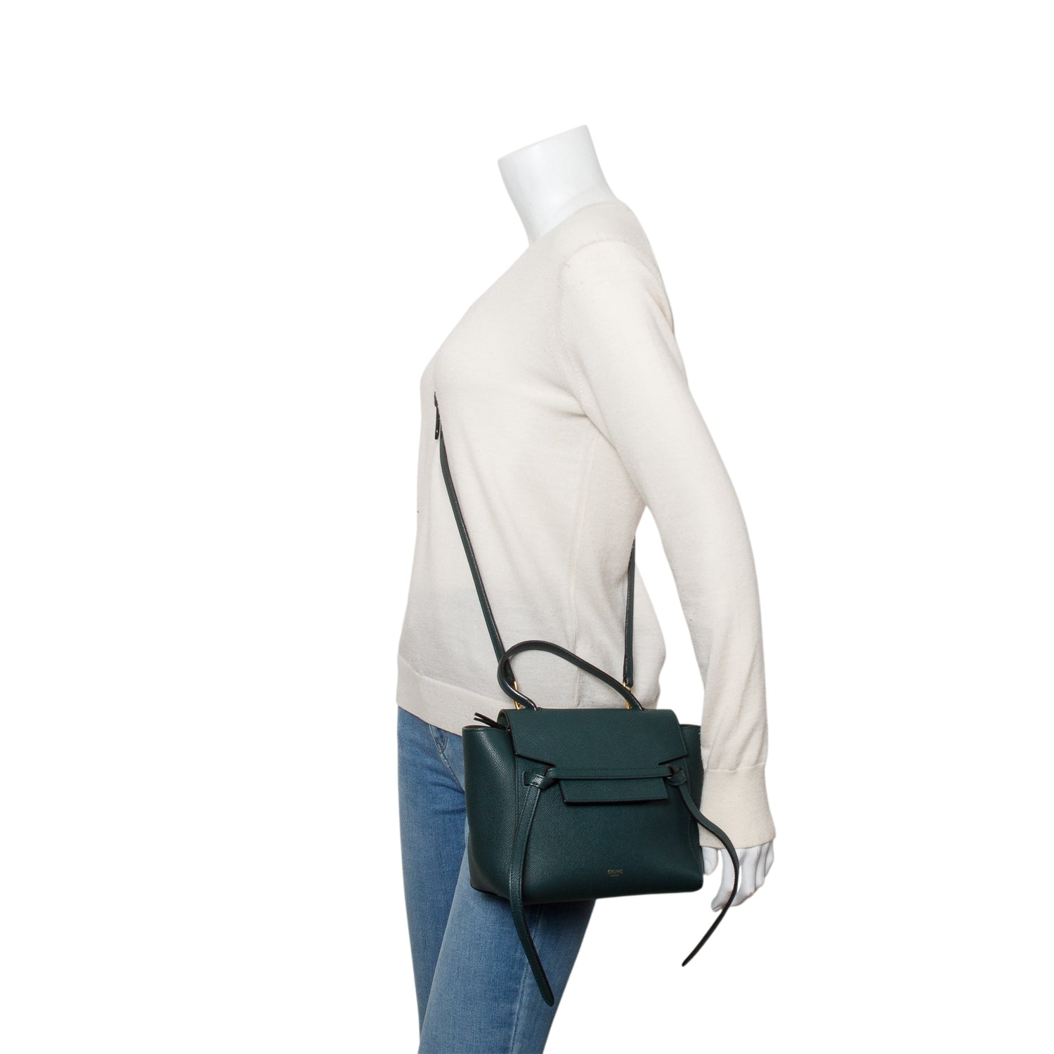 Celine Green Grained Calfskin Leather Nano Belt Bag w/ Strap