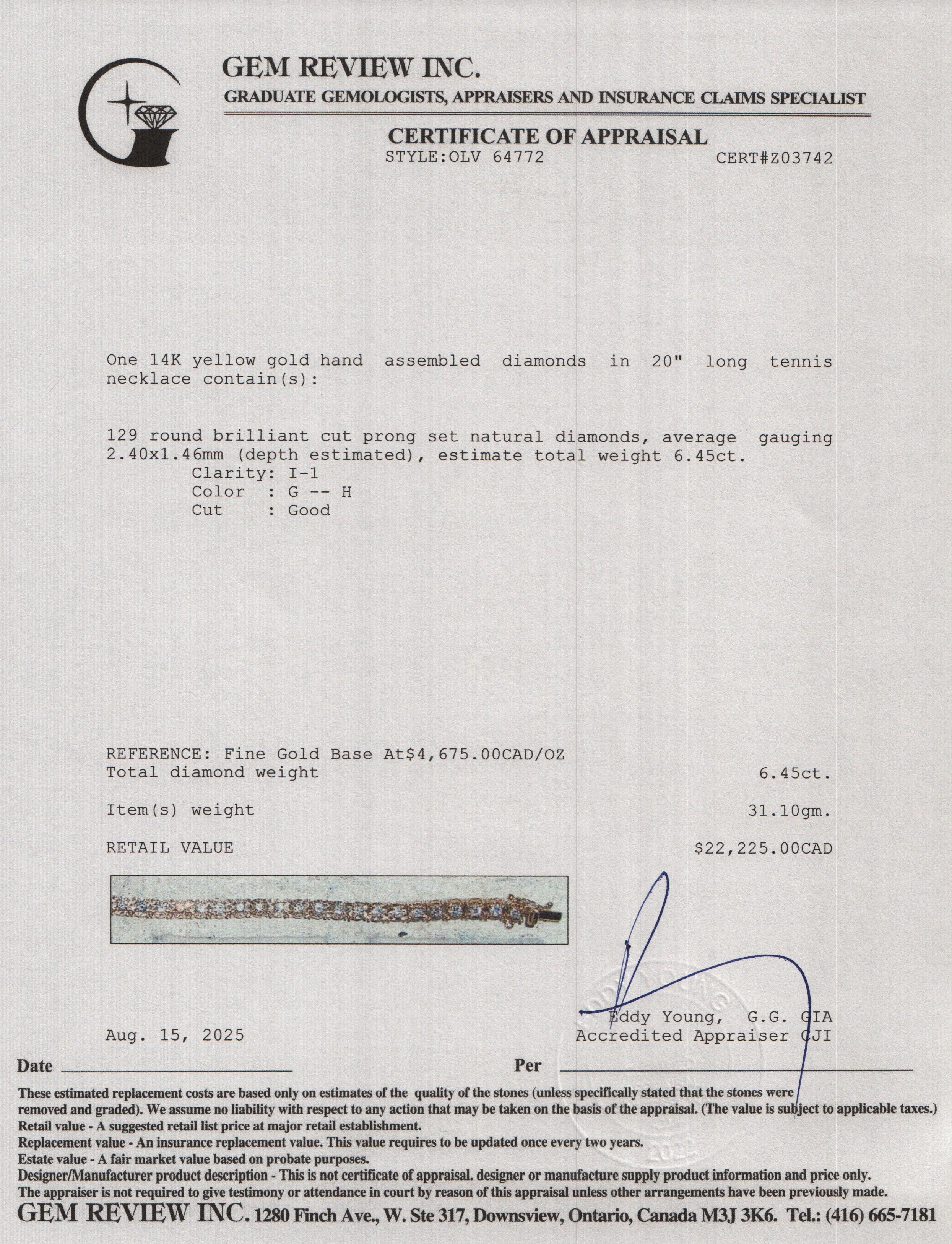 14k Yellow Gold 6.45 tcw. Diamond Tennis Necklace