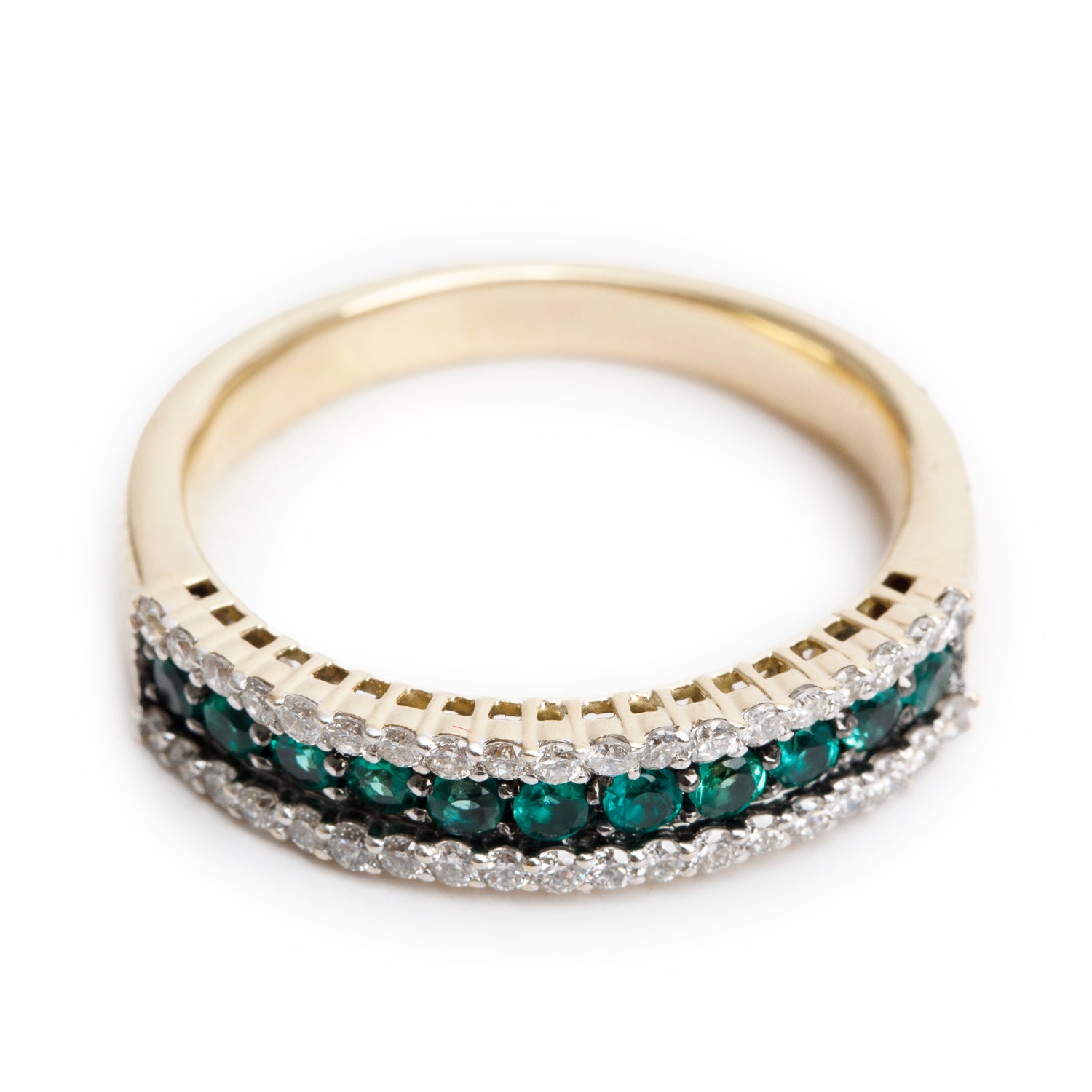 14k Yellow Gold Emerald & Diamond Band Ring, Size 7