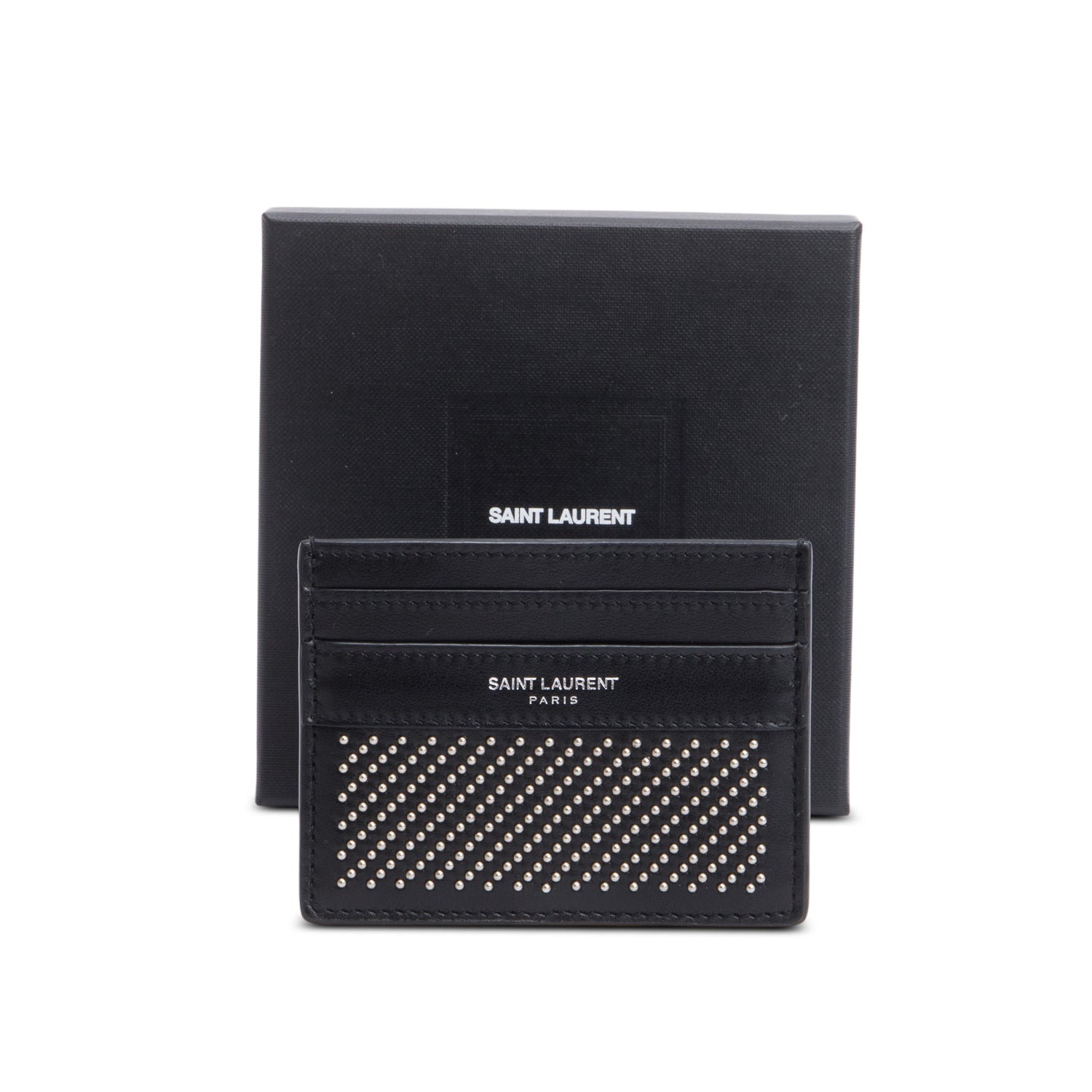 Saint Laurent Black Leather Studded Card Holder w/ Box