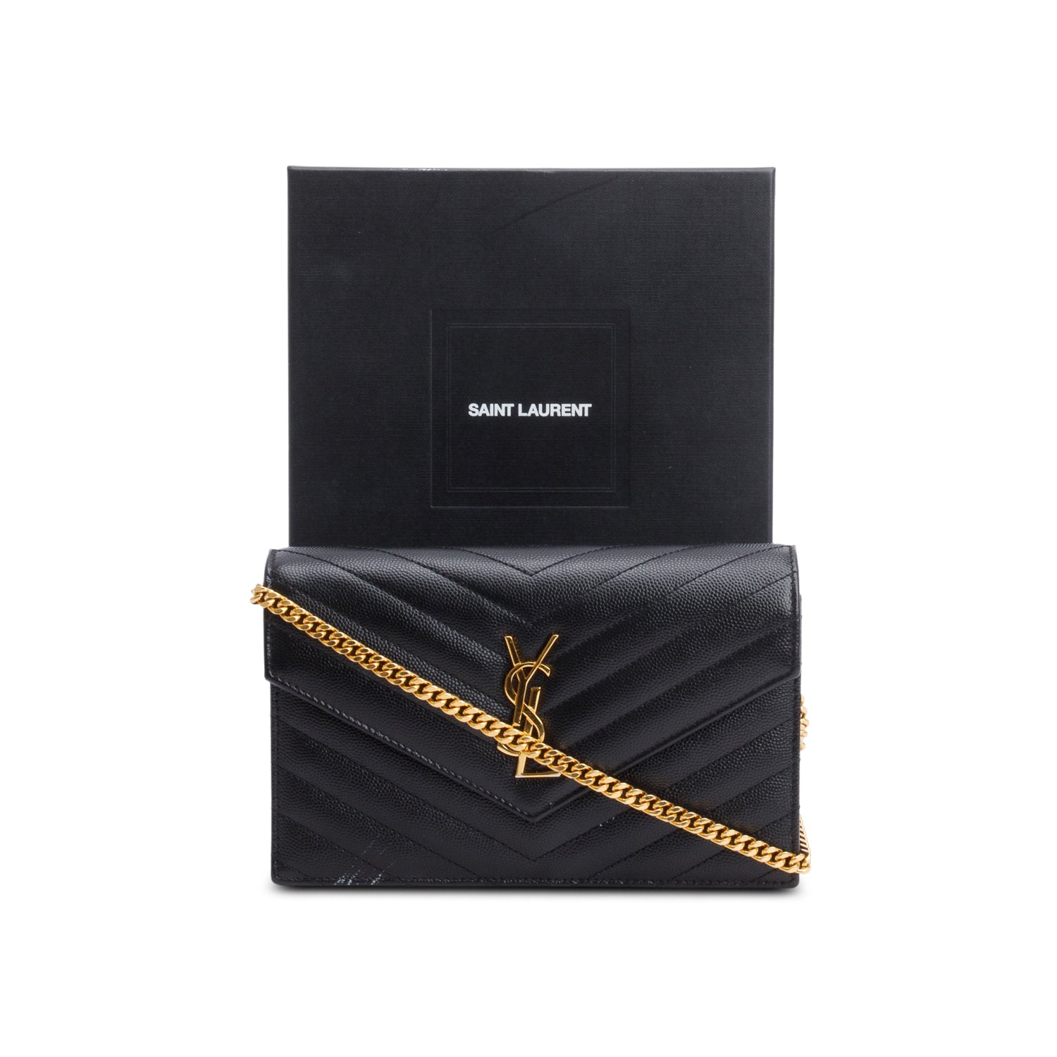 Saint Laurent 2021 Black Grain De Poudre Cassandre Envelope Chain Wallet w/ Box
