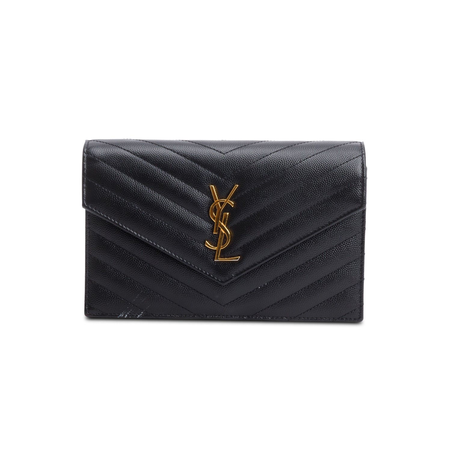 Saint Laurent 2021 Black Grain De Poudre Cassandre Envelope Chain Wallet w/ Box