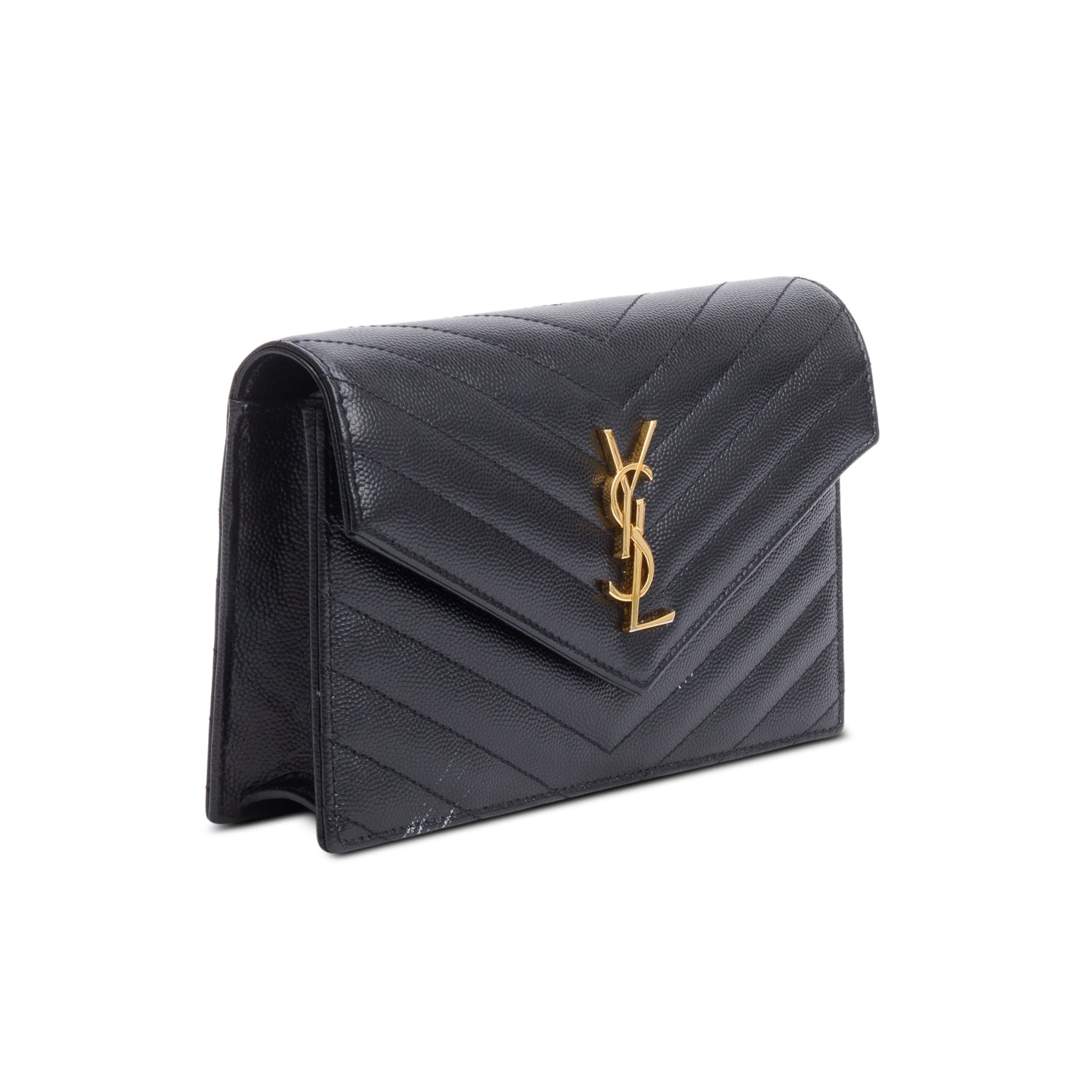 Saint Laurent 2021 Black Grain De Poudre Cassandre Envelope Chain Wallet w/ Box