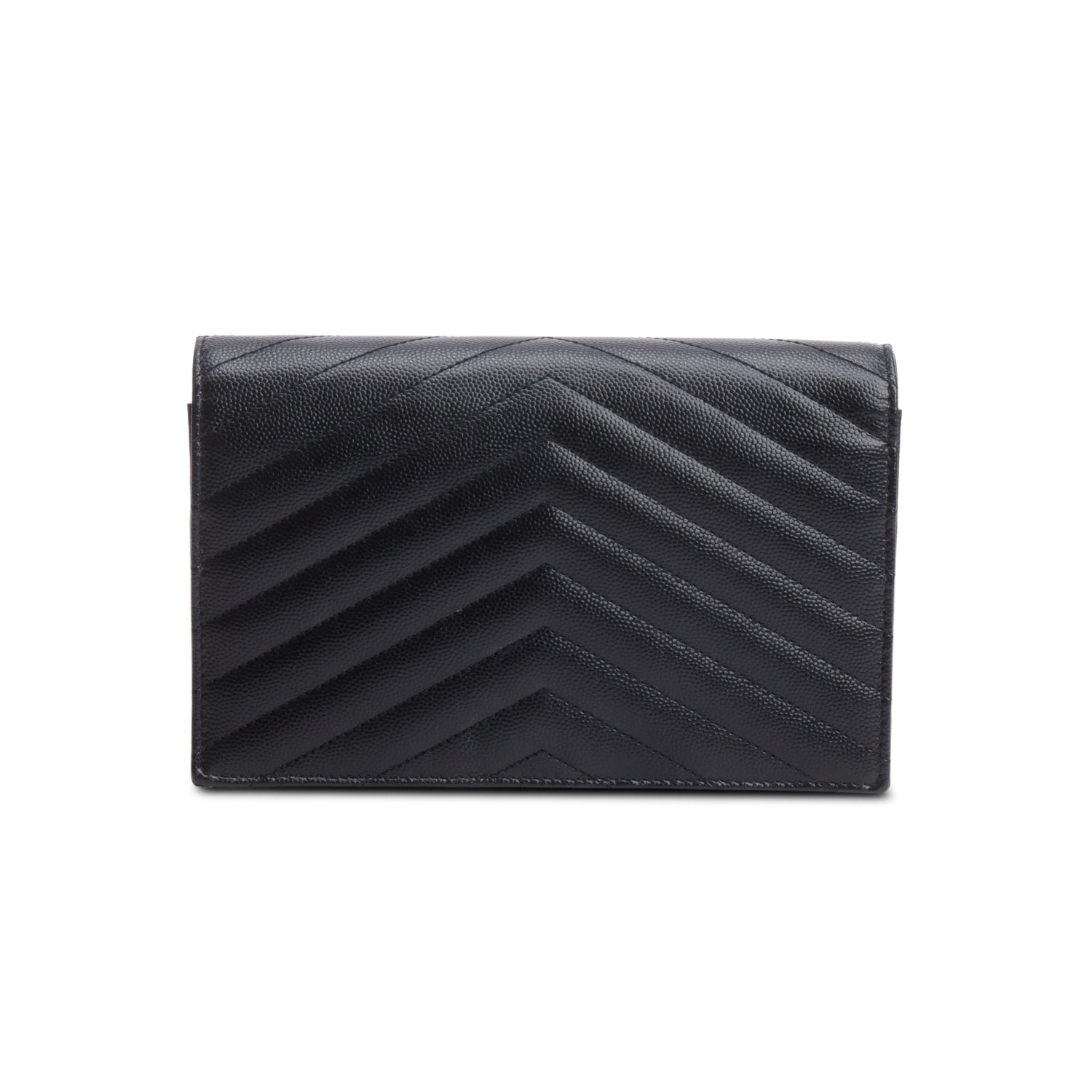 Saint Laurent 2021 Black Grain De Poudre Cassandre Envelope Chain Wallet w/ Box