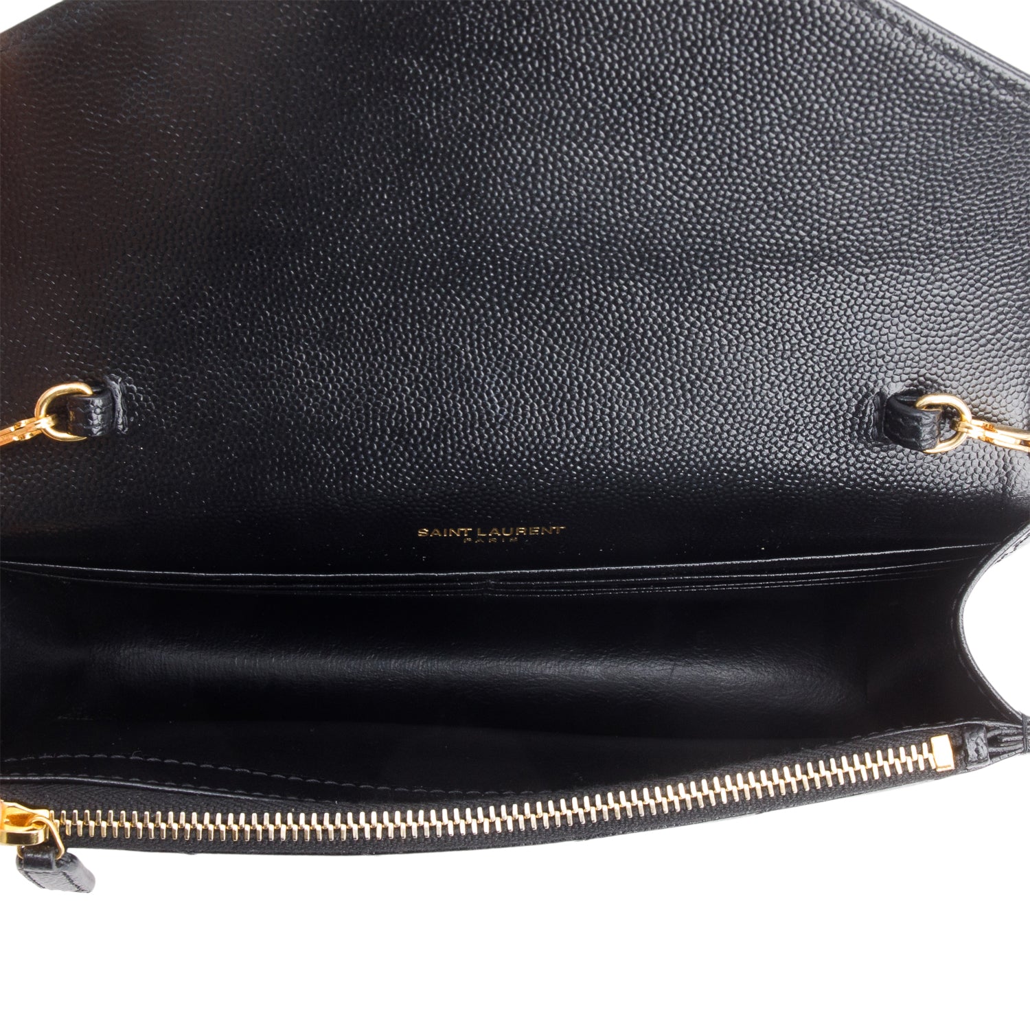 Saint Laurent 2021 Black Grain De Poudre Cassandre Envelope Chain Wallet w/ Box