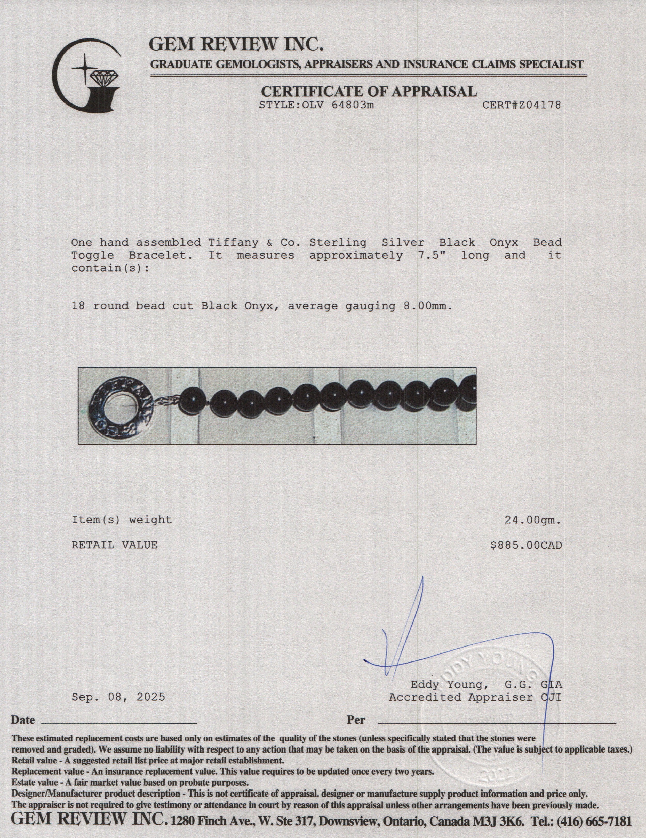 Tiffany & Co. Sterling Silver Black Onyx Bead Toggle Bracelet