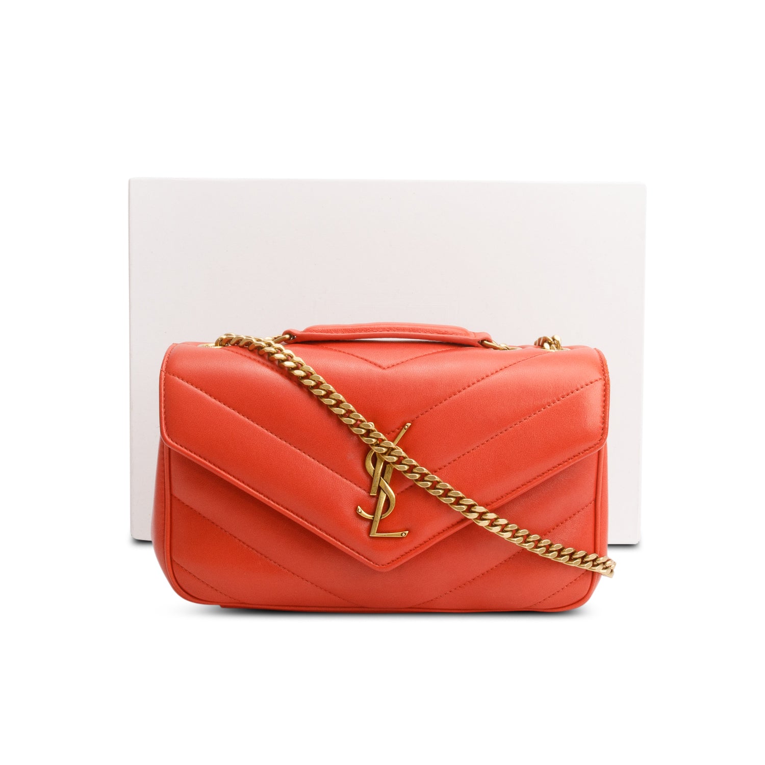 Saint Laurent 2024 Orange Lambskin Chevron Quilted Small LouLou Bag w/ Box