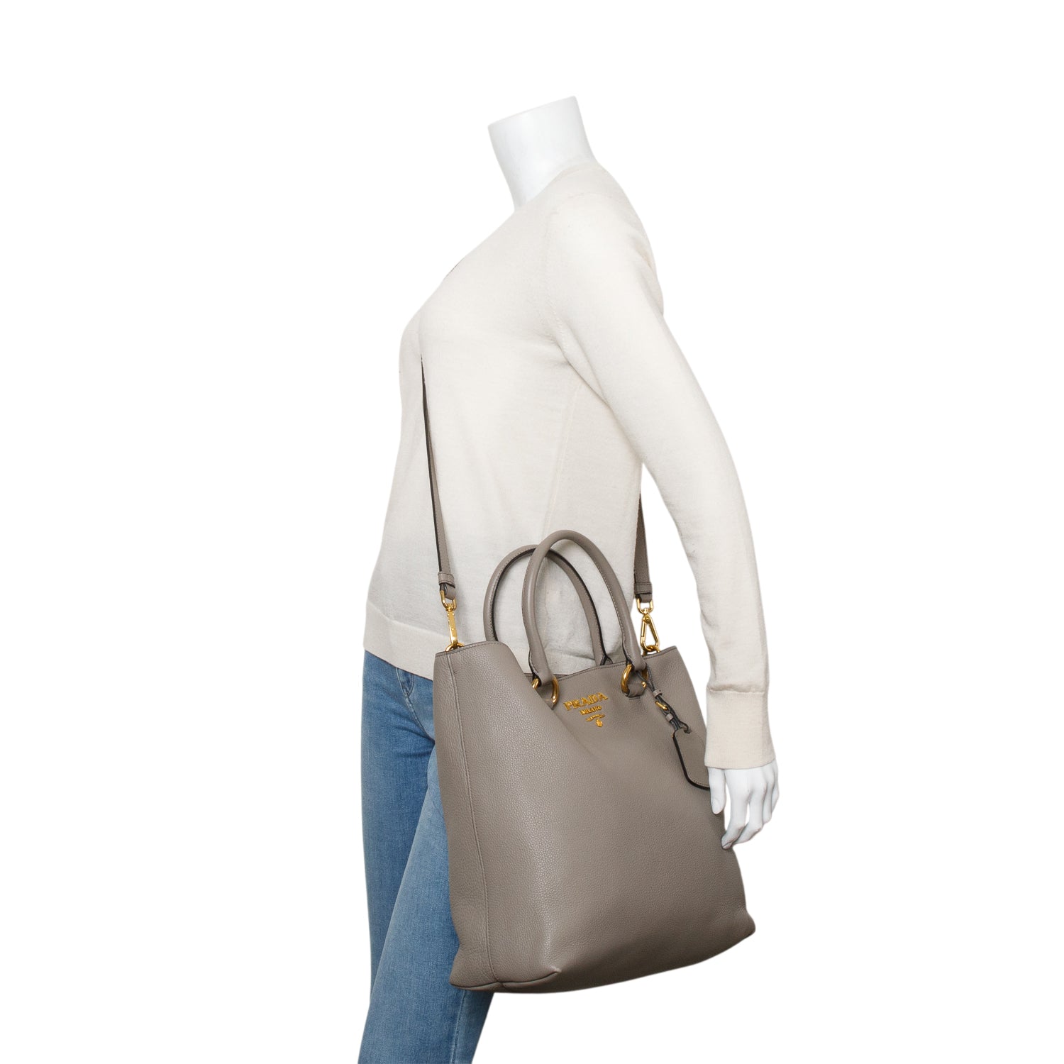 Prada Grey Vitello Phenix Convertible Shopper Tote w/ Strap