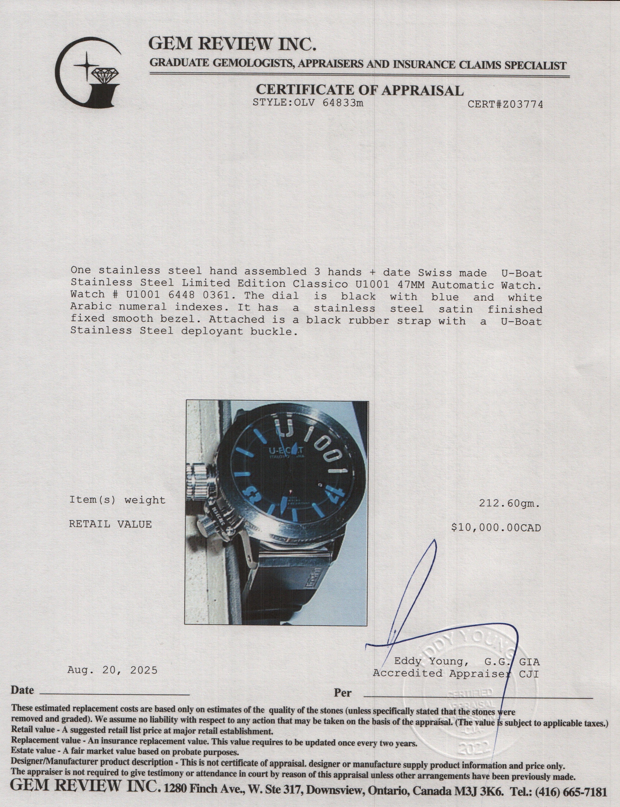 U-Boat Stainless Steel Limited Edition Classico U1001 47MM Automatic Watch w/ Box & Papers