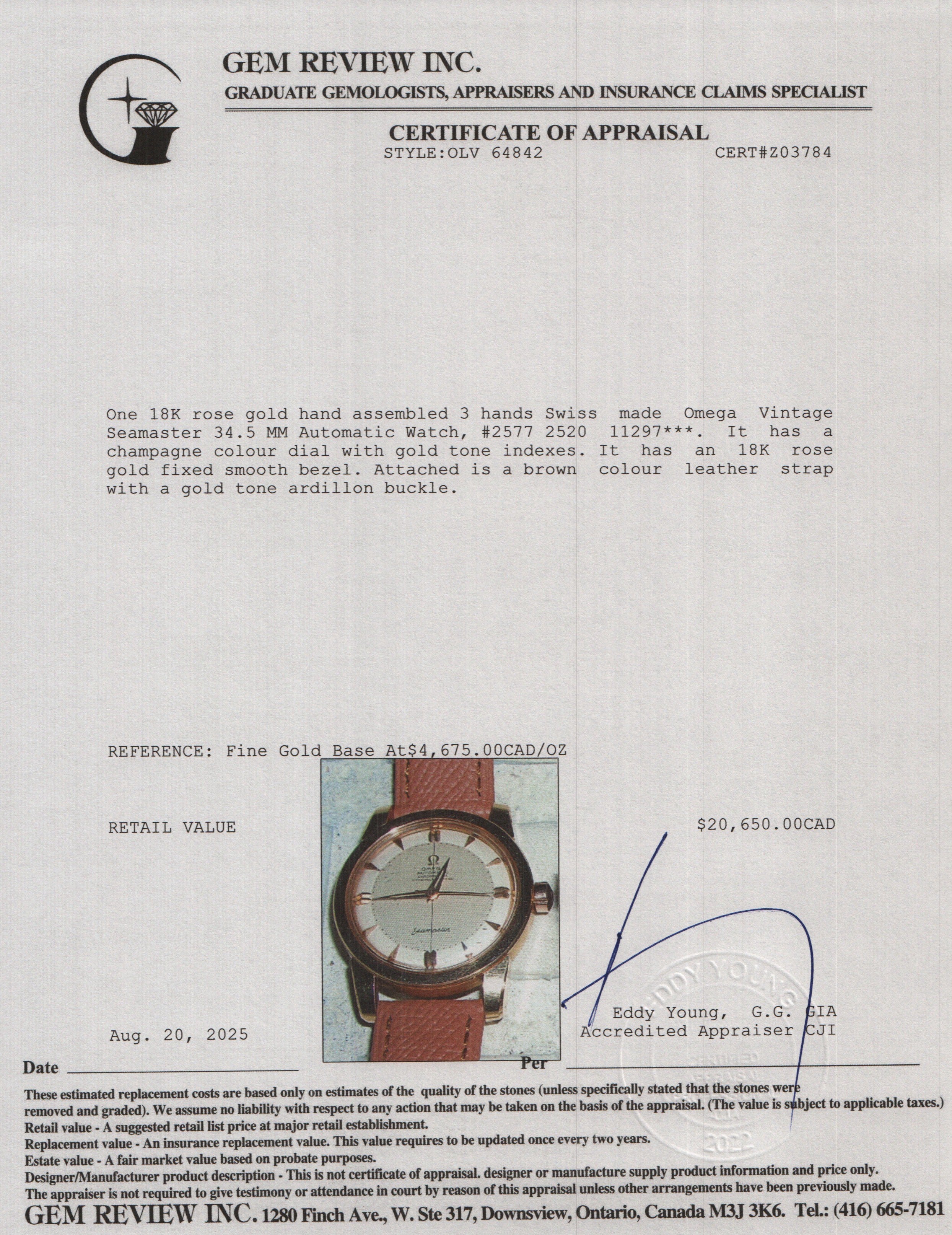 Omega Vintage 18k Rose Gold Seamaster 34.5 MM Automatic Watch