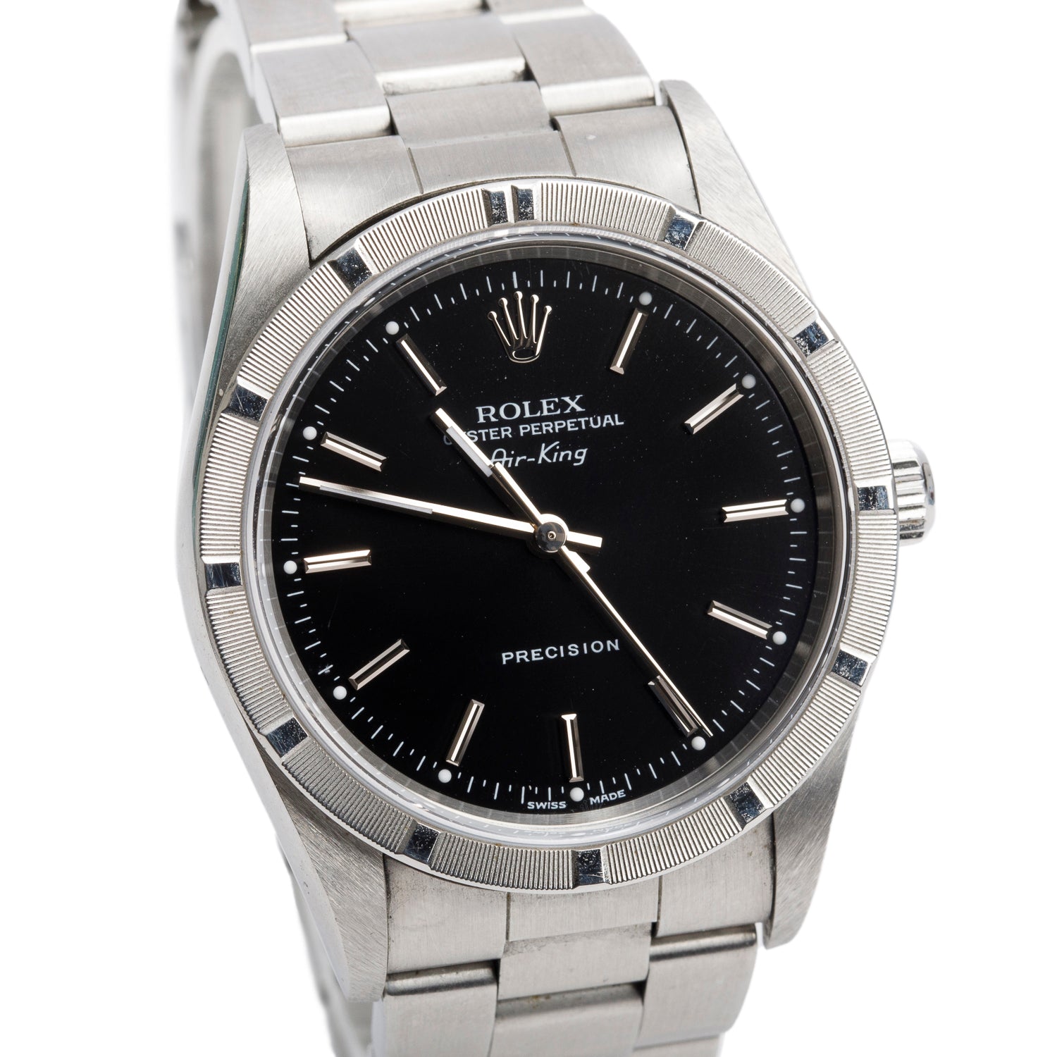 Rolex Stainless Steel Oyster Perpetual Engine Turned Bezel Air King 34 MM Watch Black Dial 14010M w/ Box & Papers