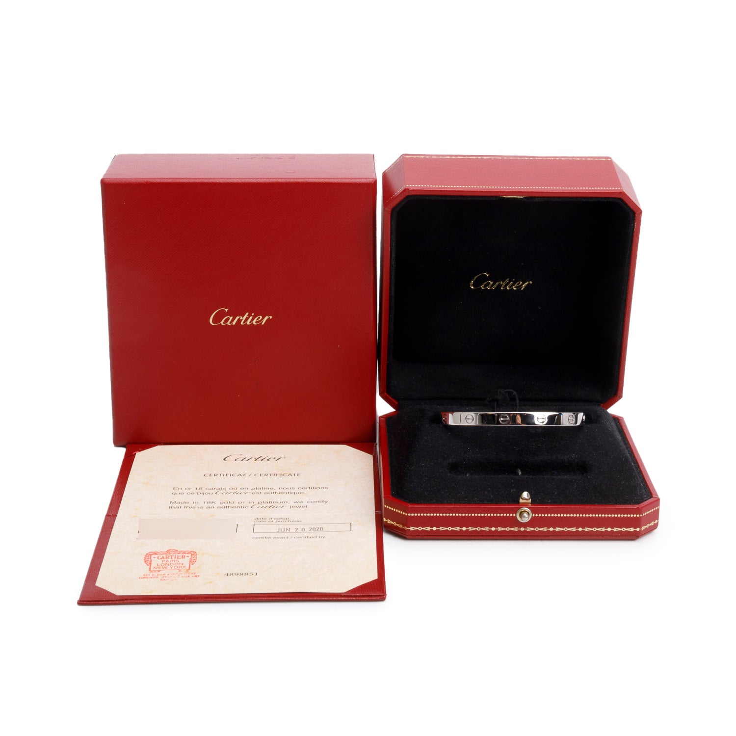 Cartier 18k White Gold Love Bracelet, Size 19 w/ Box, Receipt & Certificate