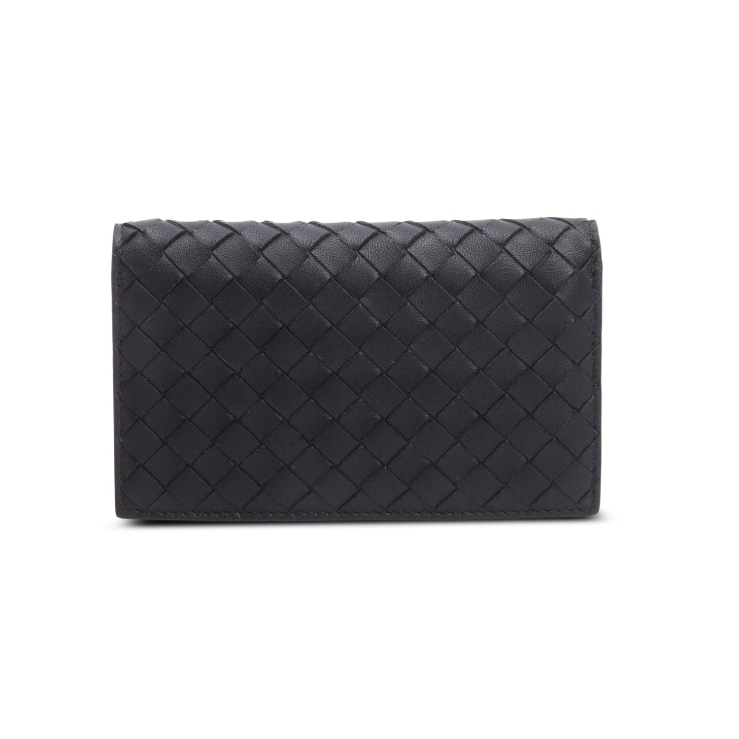 Bottega Veneta Black Intrecciato Calfskin Leather Bi-Fold Compact Wallet