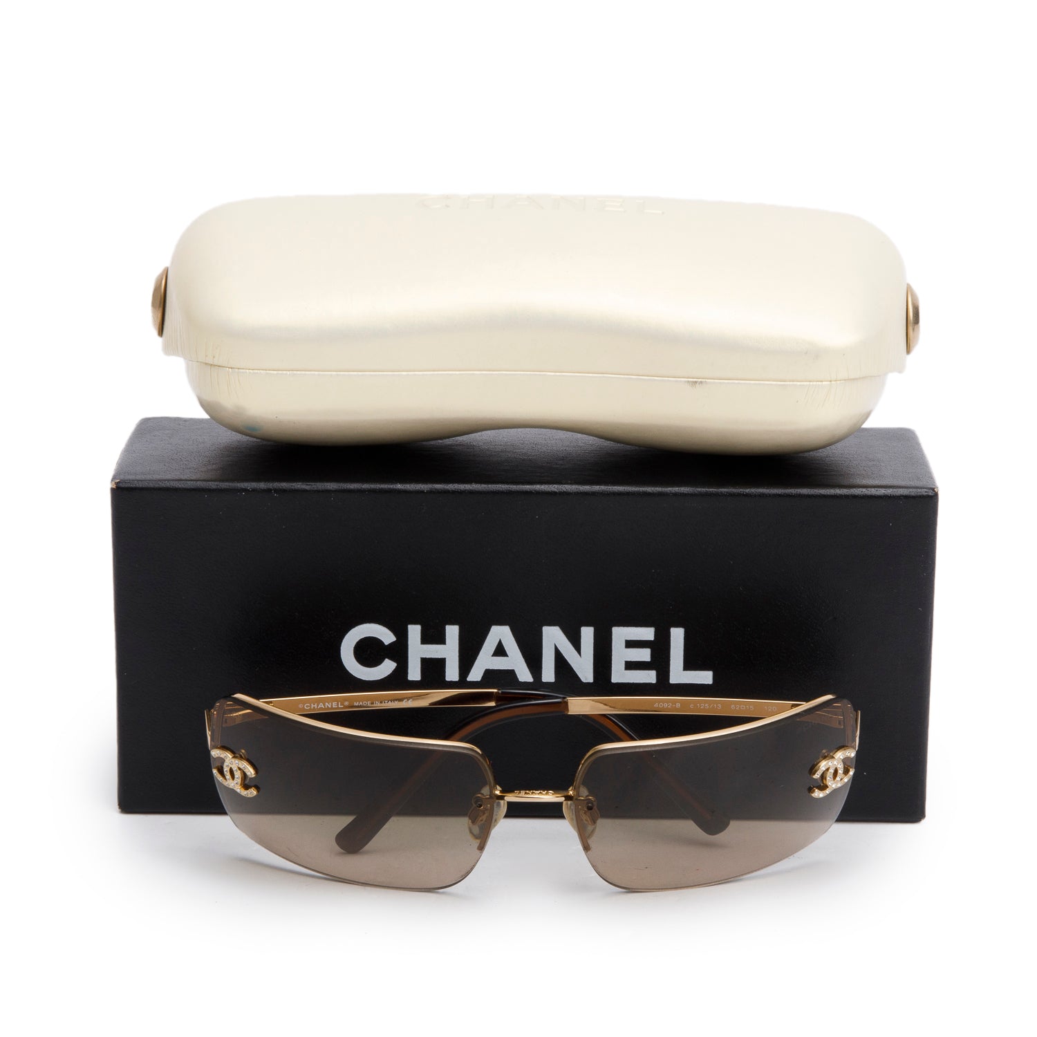 Chanel 4092-B Brown Tinted Gold-Tone Metal Frameless CC Logo Sunglasses w/ Box & Case