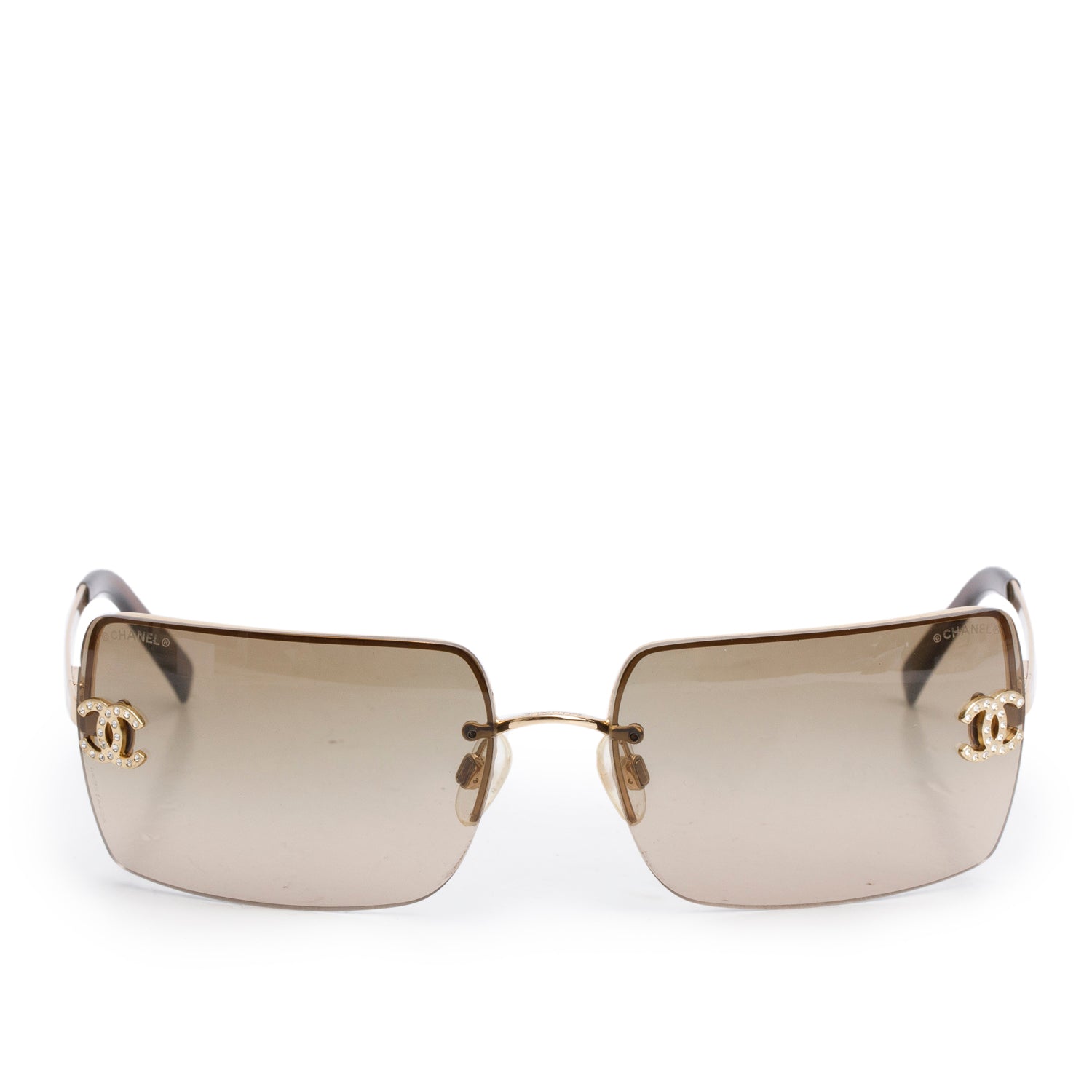 Chanel 4092-B Brown Tinted Gold-Tone Metal Frameless CC Logo Sunglasses w/ Box & Case