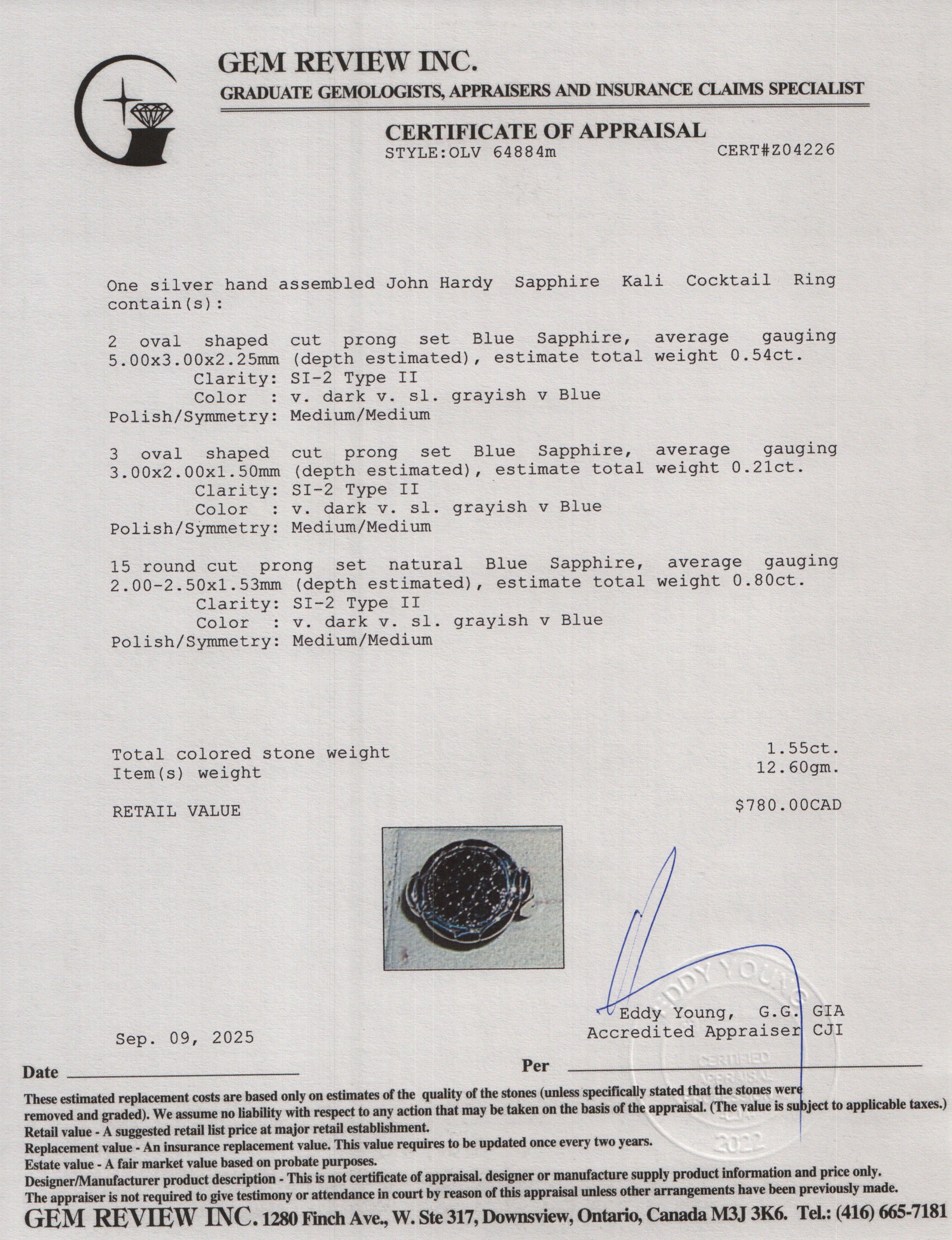 John Hardy Sterling Silver Sapphire Kali Cocktail Ring, Size 7